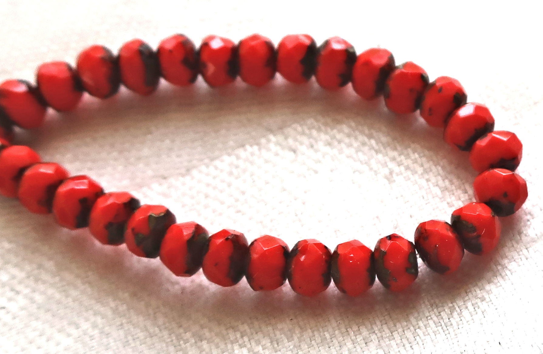 30 small, opaque bright red picasso puffy rondelle beads, 3mm x 5mm faceted Czech glass rondelles 51101 - Glorious Glass Beads