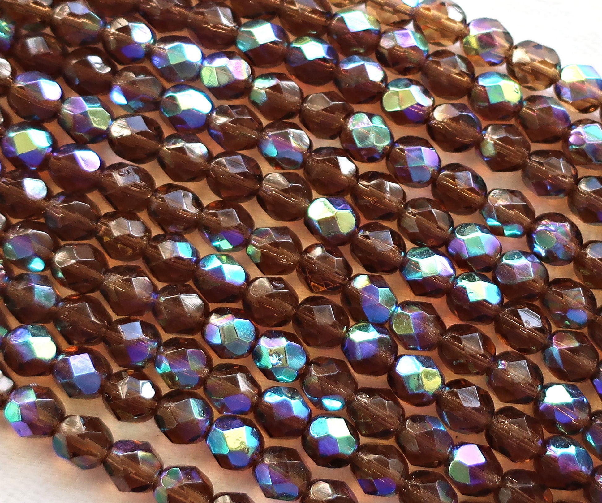 Lot of 25 6mm Smokey Topaz, Brown AB, faceted round firepolished Czech glass beads C8425 - Glorious Glass Beads