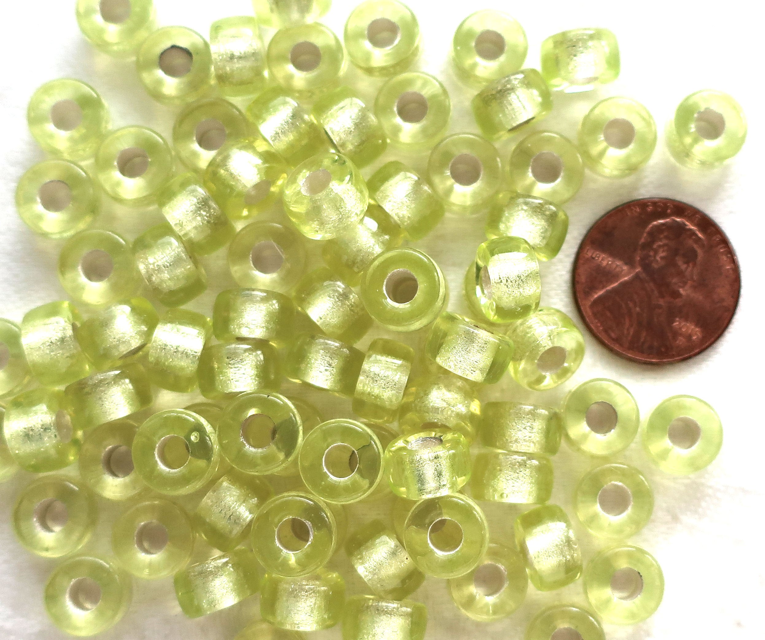 Lot of 25 9mm Jonquil yellow green silver lined Czech glass pony roller beads, large hole crow beads, C4601 - Glorious Glass Beads
