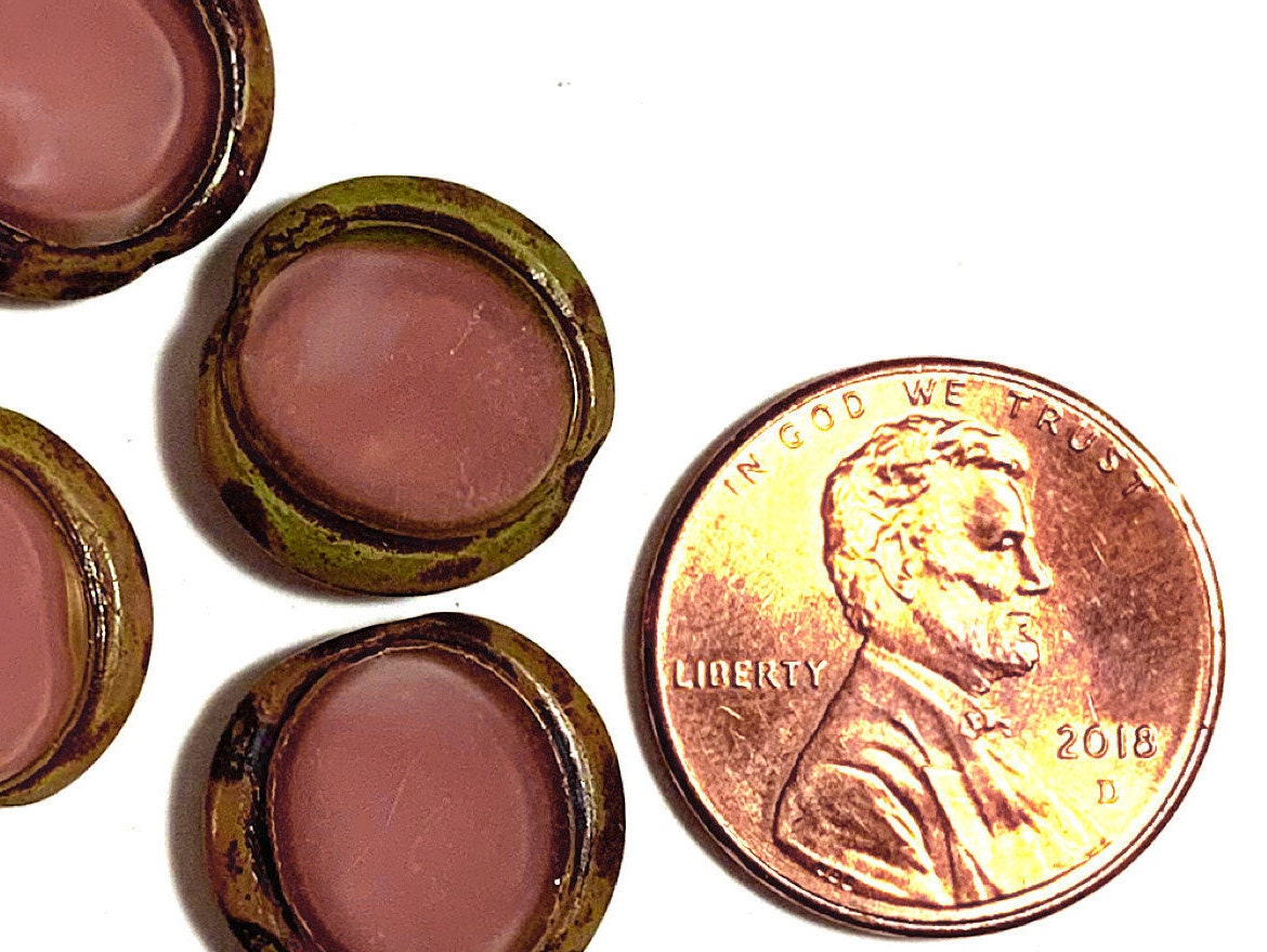 Six 14mm Czech glass coin or disc beads - table cut carved silky pink beads with a silvery brown picasso finish along the edges C0611