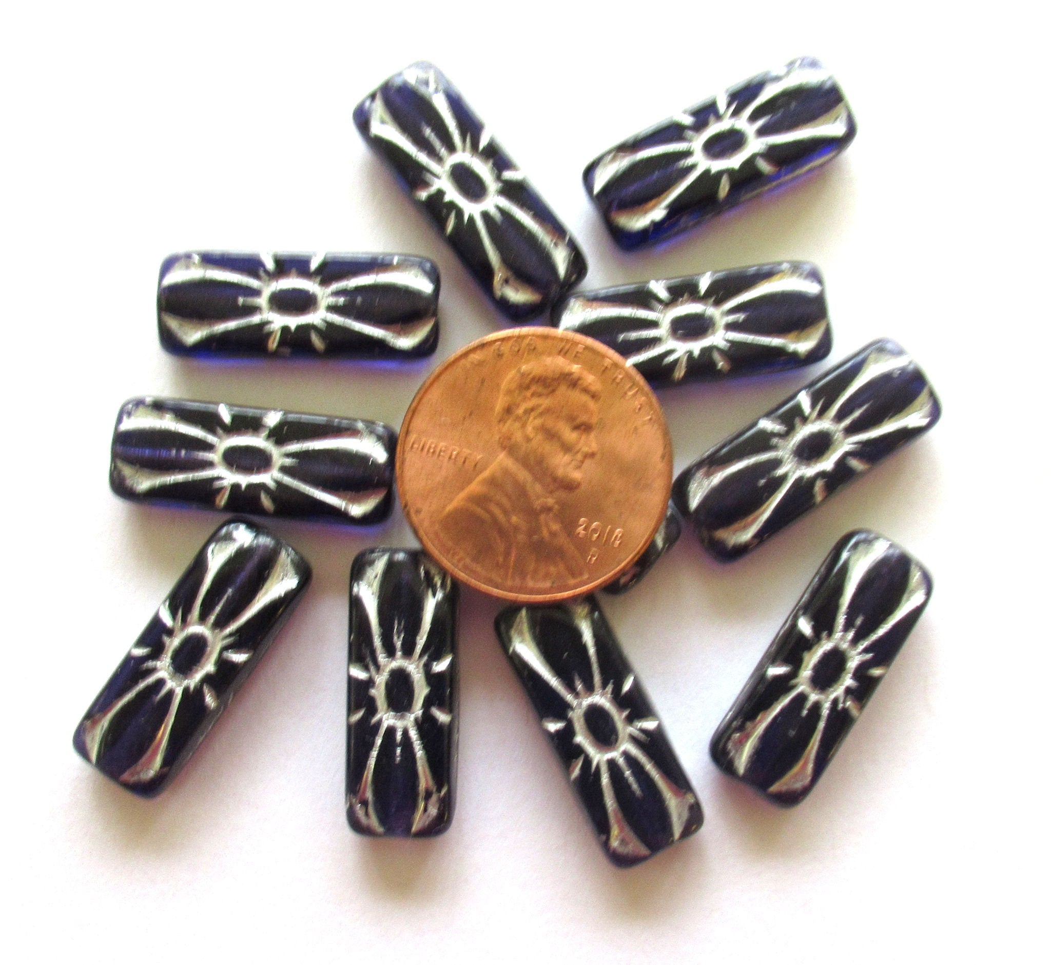 Five 20 x 8mm Czech glass beads - rectangular flower tube beads - tanzanite purple with a silver wash rectangle beads C0014