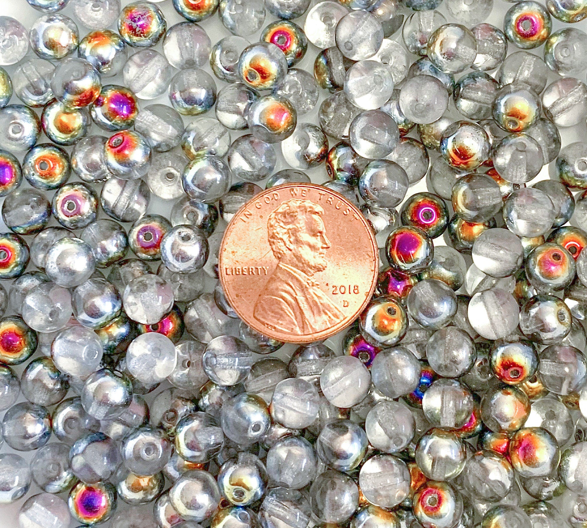 Lot of 50 6mm Czech glass druks, rainbow half silver Marea smooth round druk beads C0003