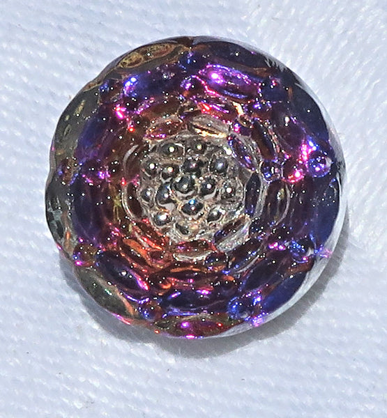 One 13mm Czech flower glass button - iridescent pink. purple & blue decorative shank button with platinum accents 09101 - Glorious Glass Beads