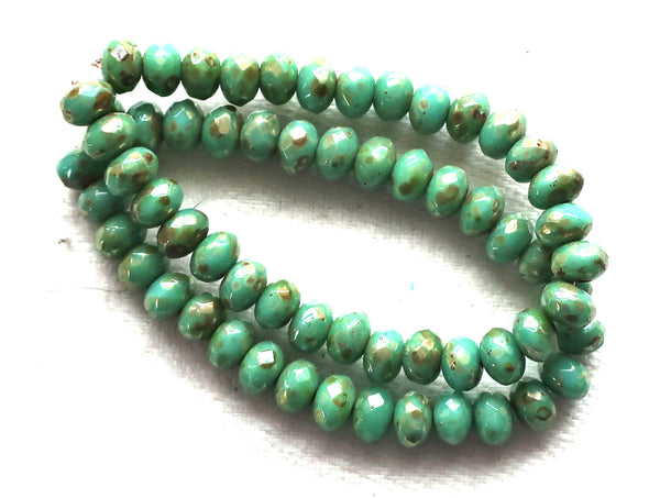 30 small turquoise blue green puffy rondelle beads with a metallic picasso finish, 3mm x 5mm faceted Czech glass rondelles 53101