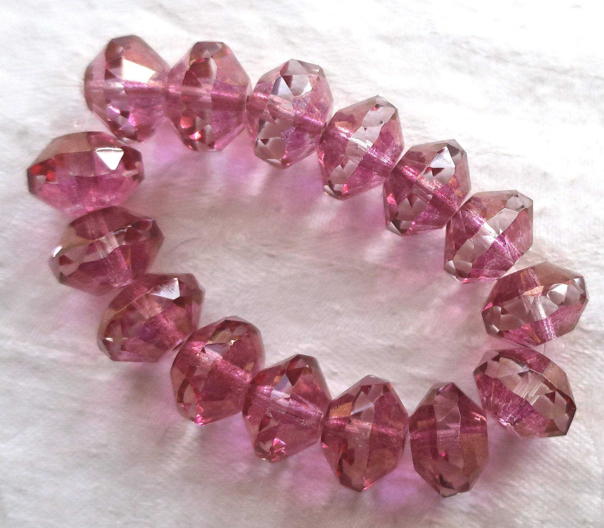 Five large pink faceted Czech glass saucer beads, 13 x 9mm transparent pink with crystal centers and gold accents, C05101 - Glorious Glass Beads