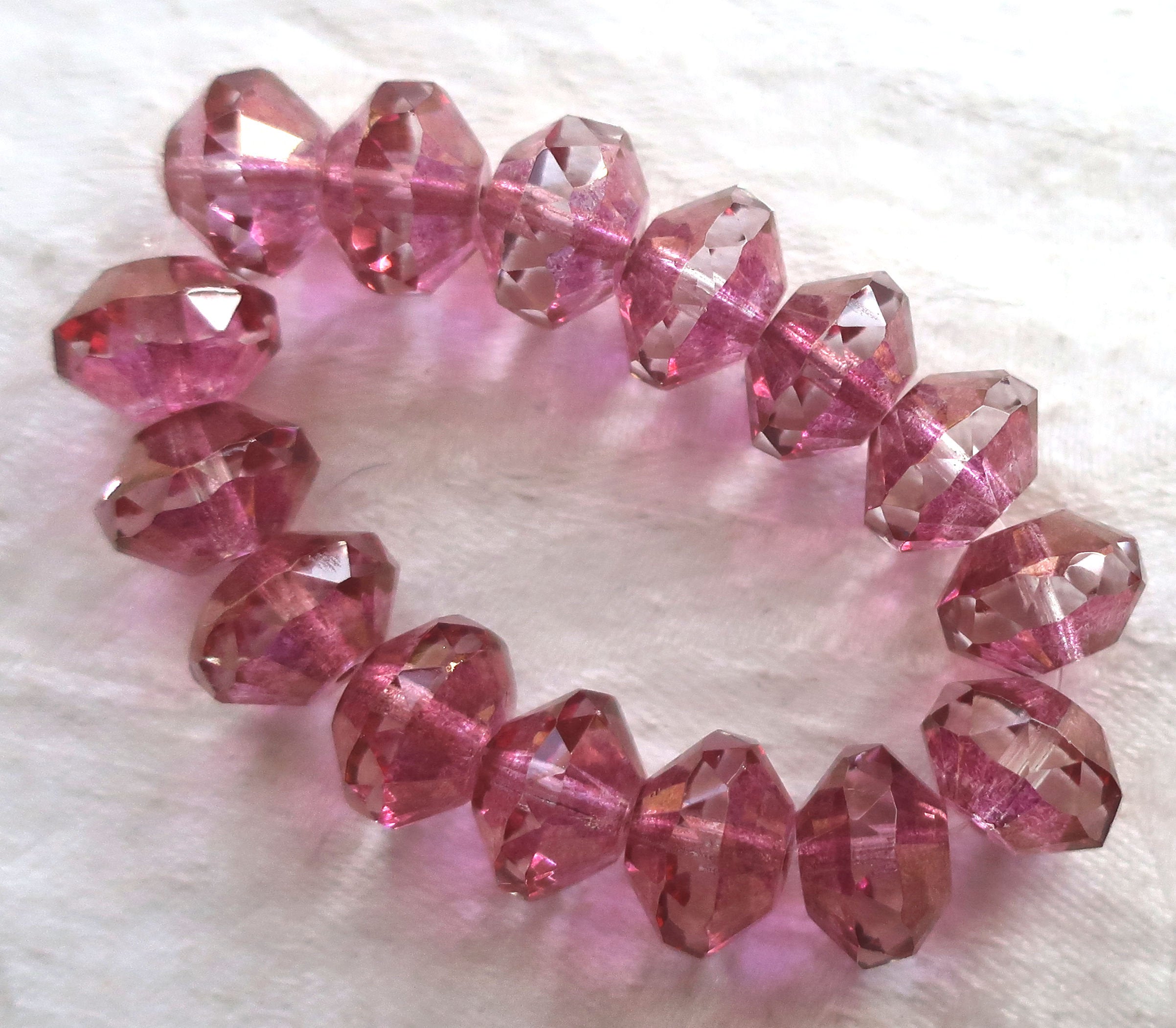 Five large pink faceted Czech glass saucer beads, 13 x 9mm transparent pink with crystal centers and gold accents, C05101 - Glorious Glass Beads