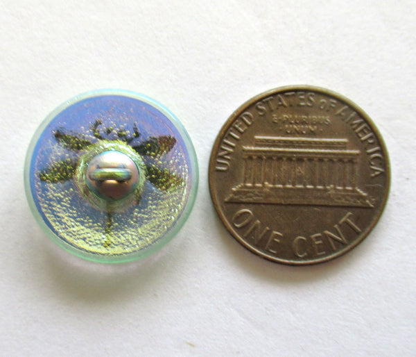 One 18mm Czech glass button - translucent iridescent green with a gold dragonfly decorative shank button 53101