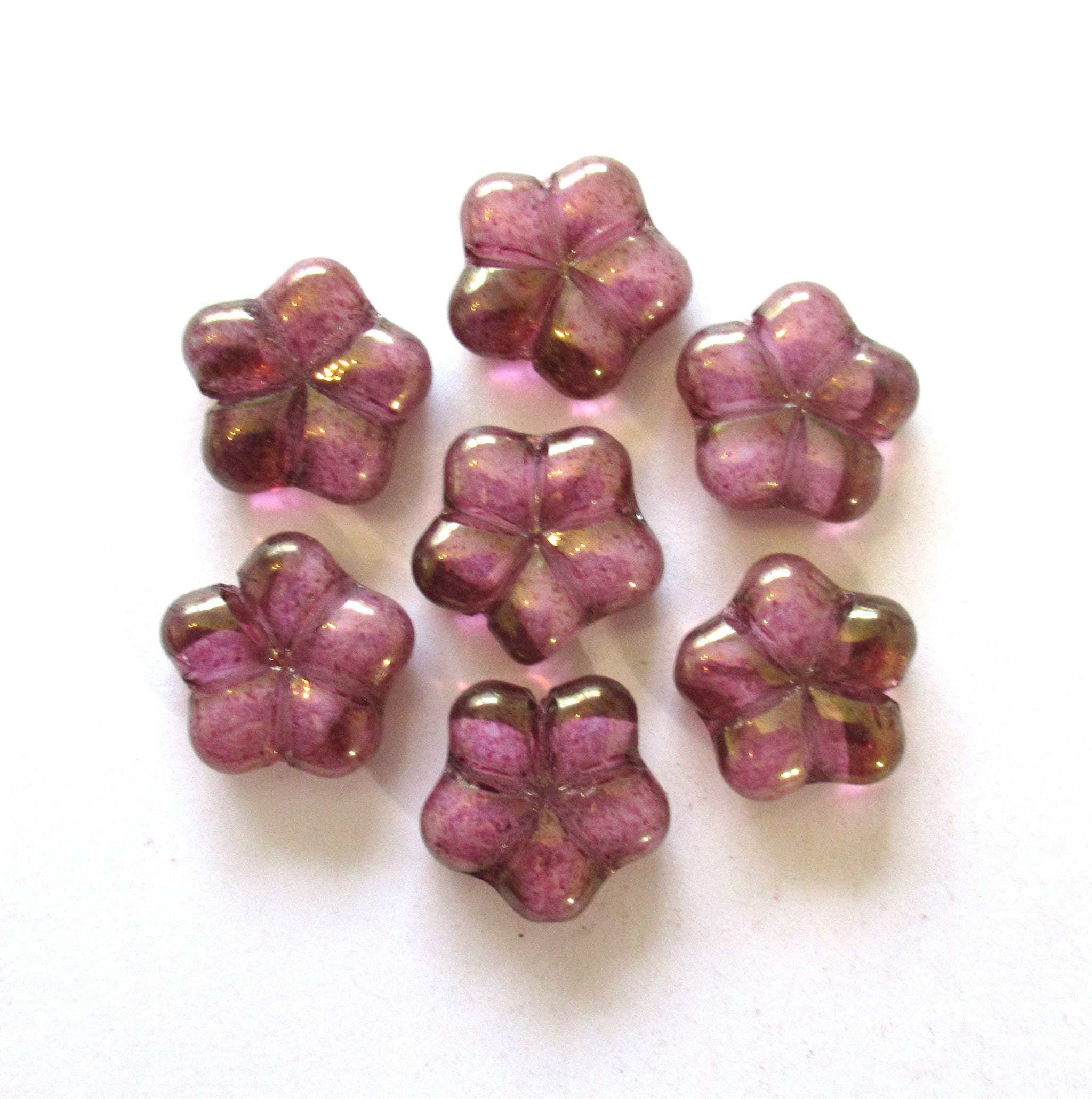 Lot of six 17mm Czech glass flower beads - pink pressed beads with an iridescent luster finish - 00341