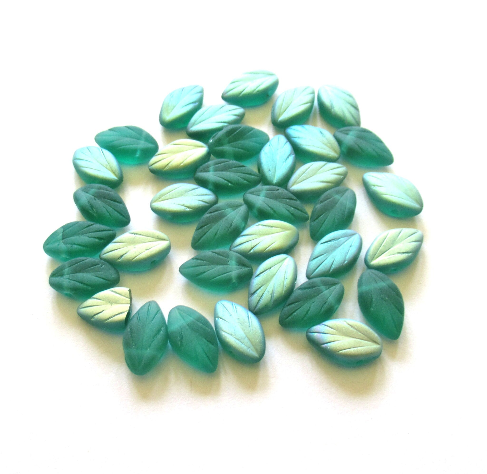 25 Czech glass beech leaf beads - side drilled 11 x 7mm matte teal blue green ab textured pressed glass beads - C0028