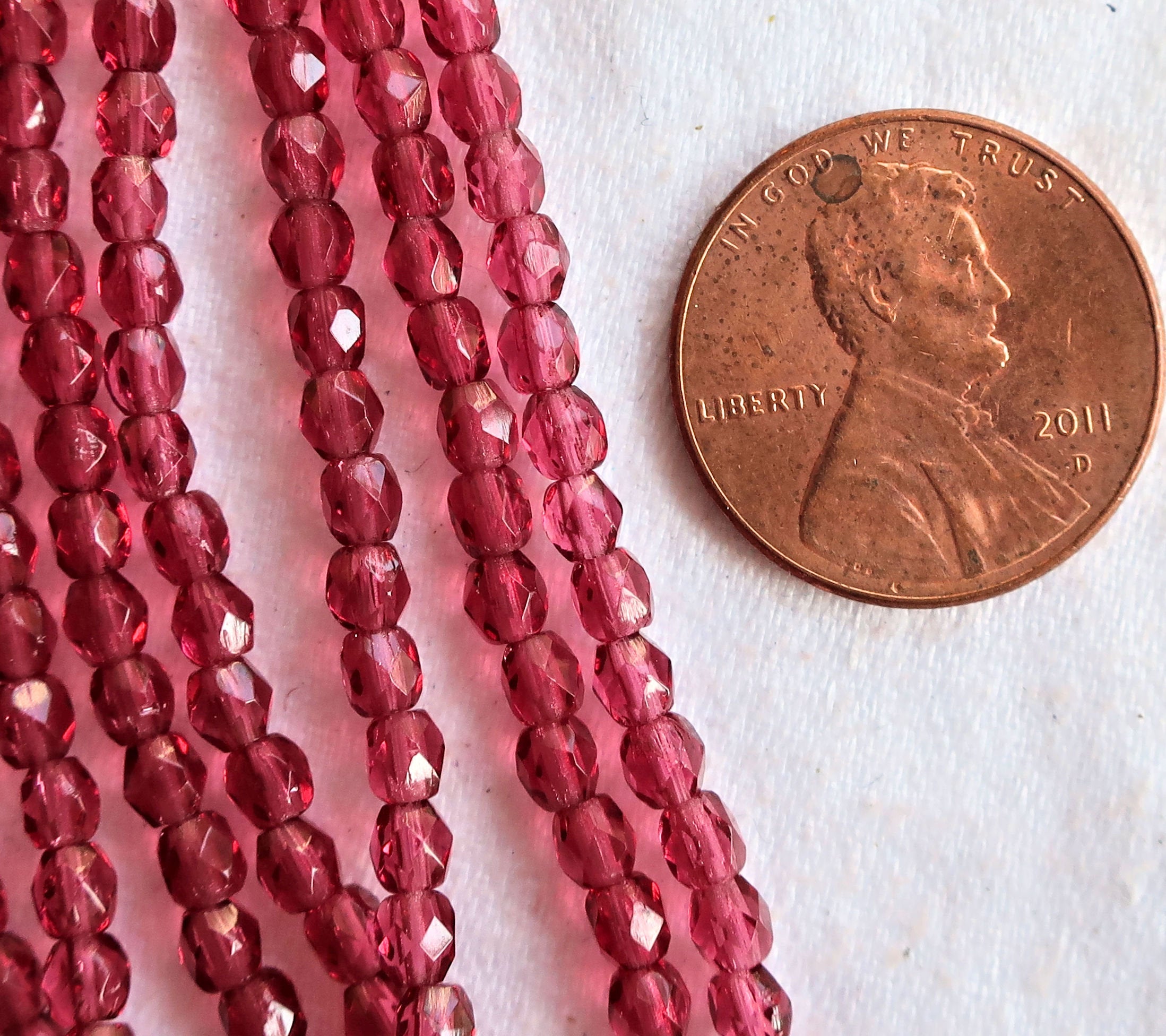 Lot of 50 3mm Fuchsia Czech glass beads -pink firepolished, faceted round beads, C6650 - Glorious Glass Beads