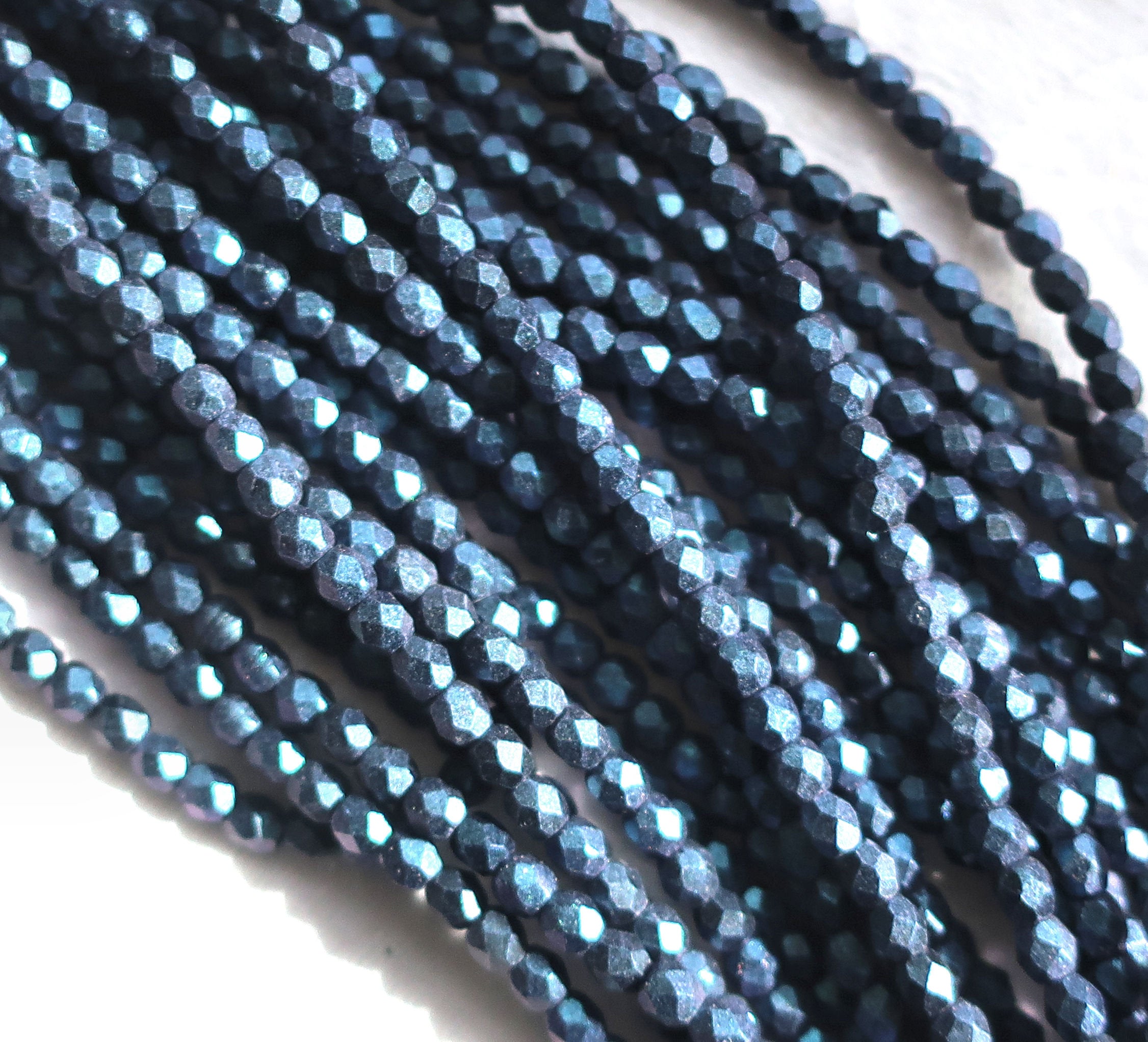 50 3mm Polychrome Indigo Orchid Blue Czech glass beads, deep, dark blue firepolished, faceted round beads, C3650 - Glorious Glass Beads