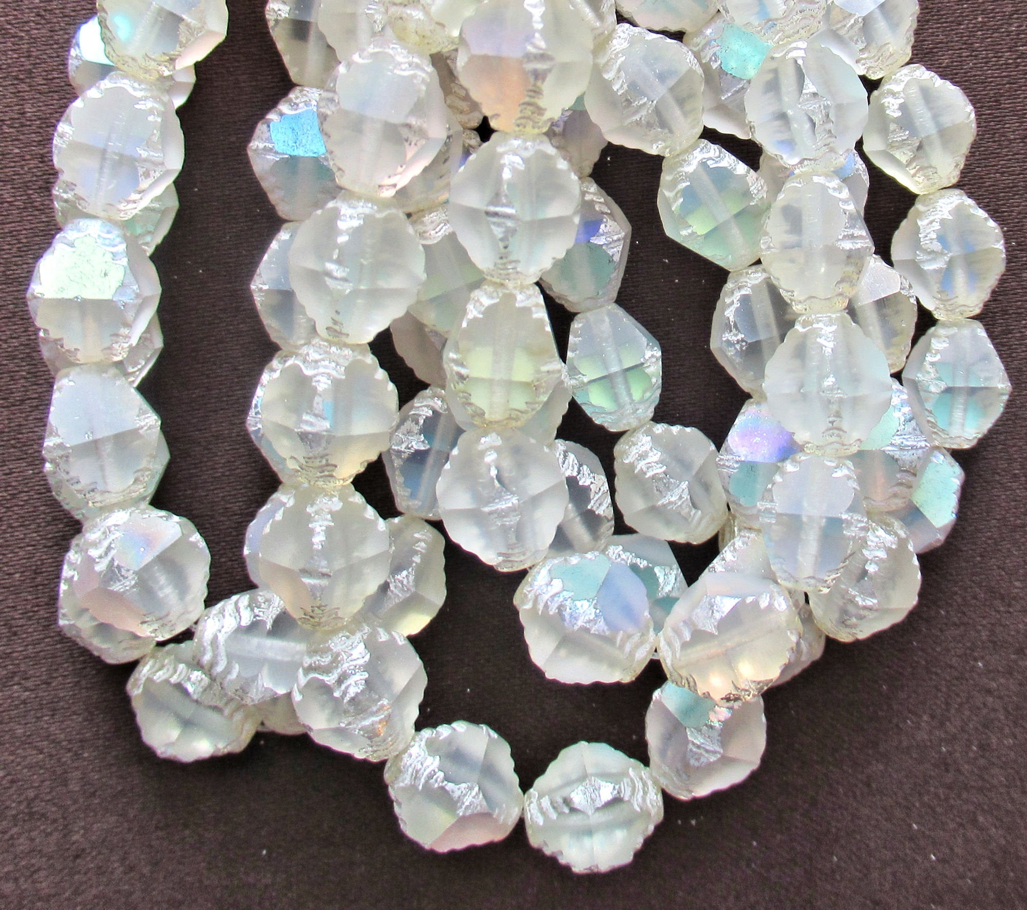 Lot of 15 Czech glass bicones - frosted crystal white AB with accents - carved faceted 8 x 10mm large bicone beads, C51301