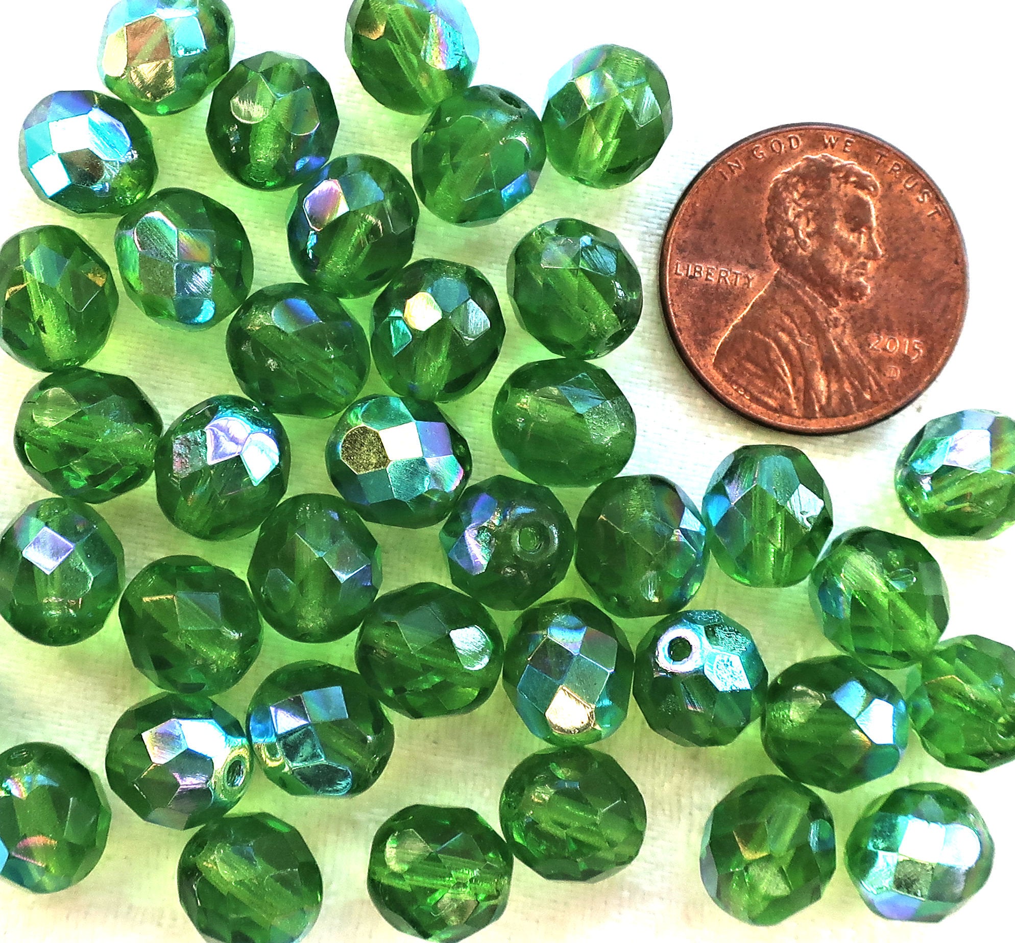 Lot of 25 8mm Peridot Green AB, faceted round firepolished glass beads C1625 - Glorious Glass Beads