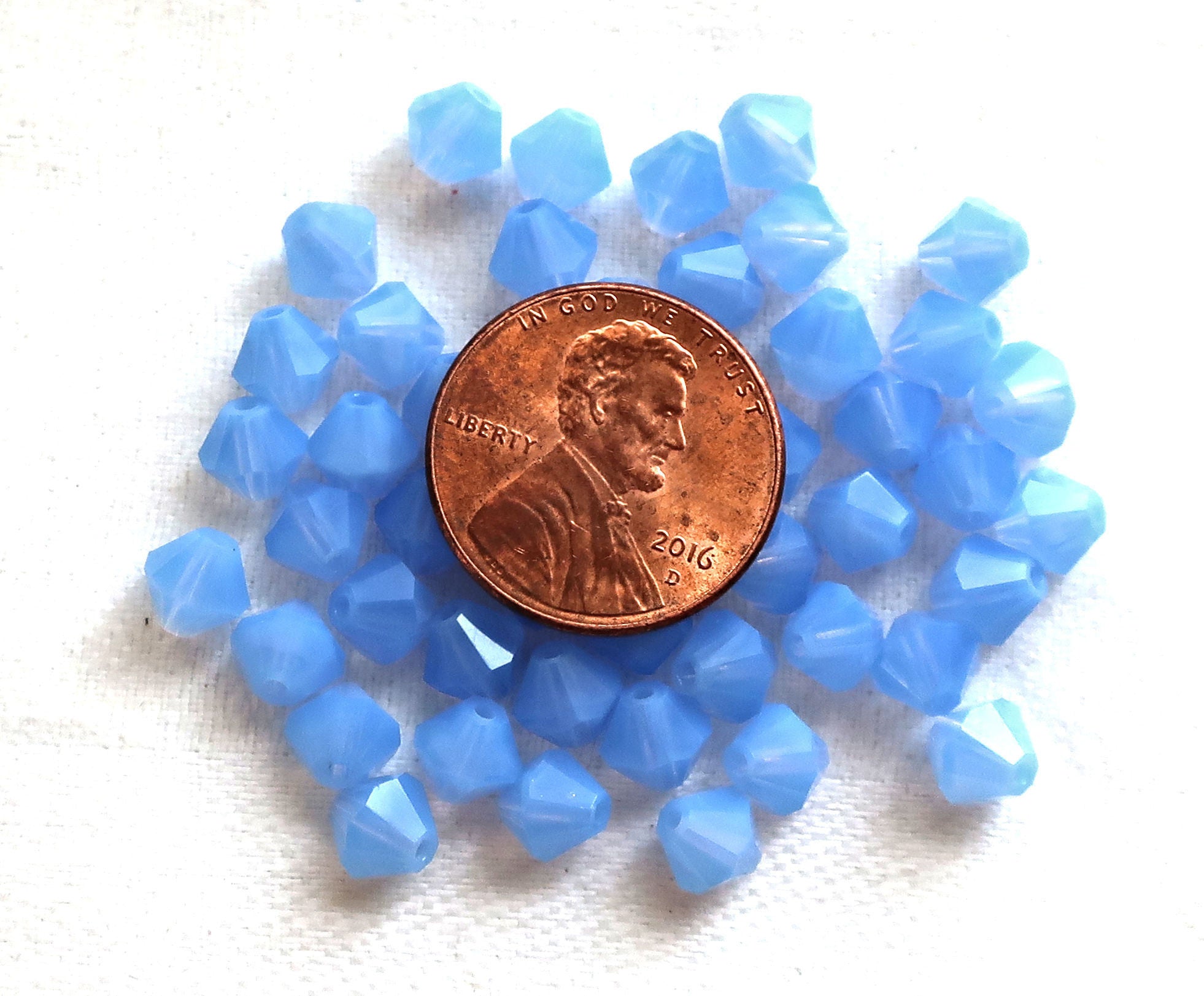 Lot of 24 6mm Milky Blue Opal Czech Preciosa Crystal bicone beads, faceted glass blue bicones C4801 - Glorious Glass Beads