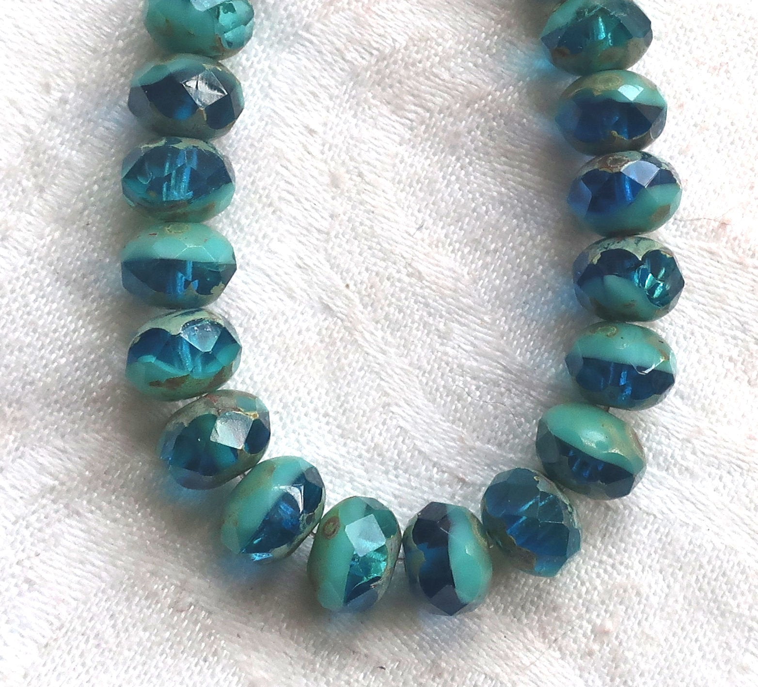 LOt of 25 faceted Czech glass puffy rondelle beads, 8 x 6mm transparent aqua blue & opaque turquoise green picasso mix rondelles 02301 - Glorious Glass Beads