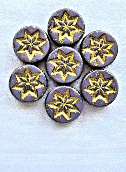 Fifteen 13mm opaque purple coin or disc beads with a silver wash - rustic, earthy star or flower Czech glass beads - 4.5mm thick C05201