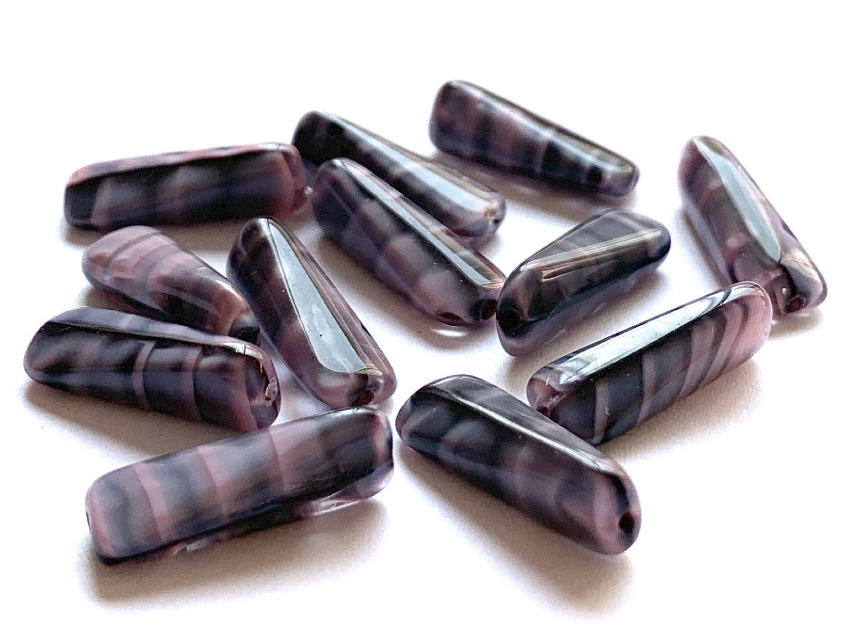 15 Czech glass triangle tube beads - 6 x 17mm marbled, striped pink & gray wedge shaped tube beads C0721