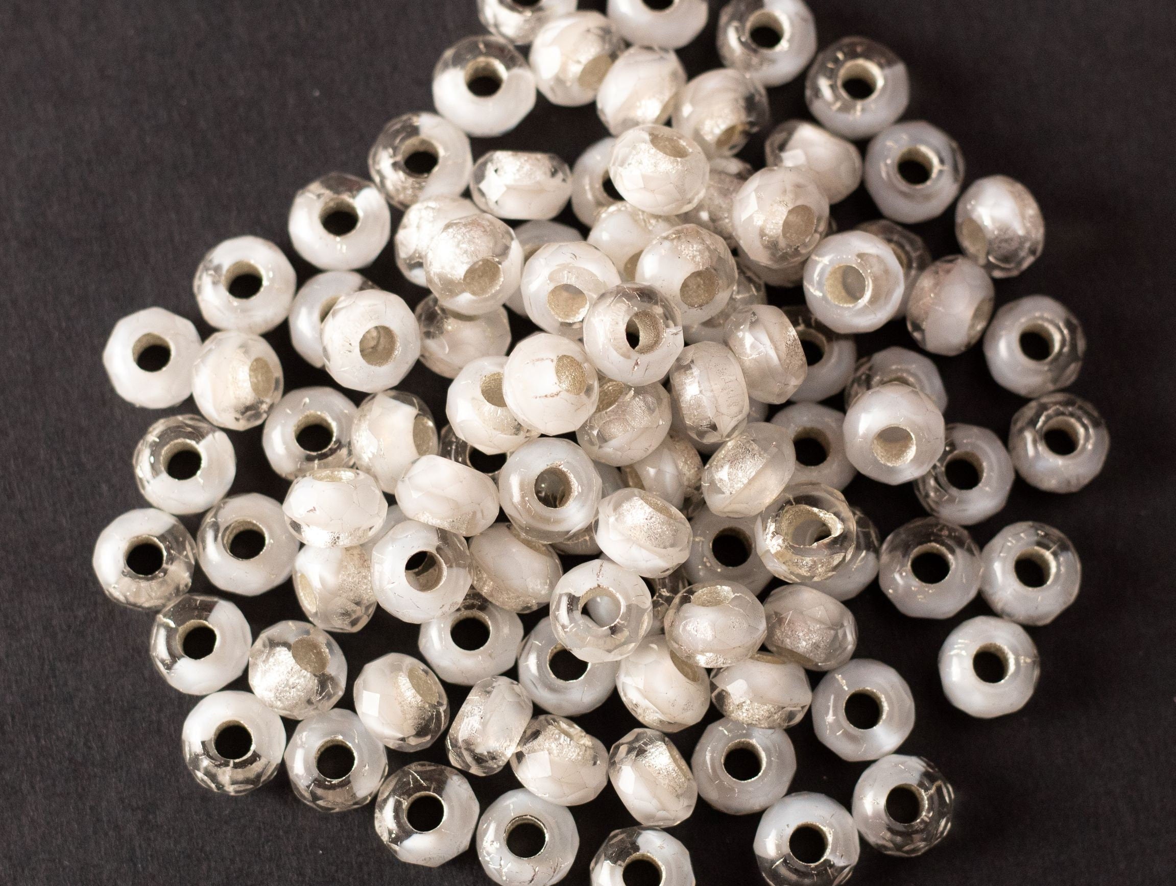 Ten Czech glass faceted roller beads - 6 x 9mm - silver lined crystal & white tyre bead mix - big 3.38mm hole beads C0008