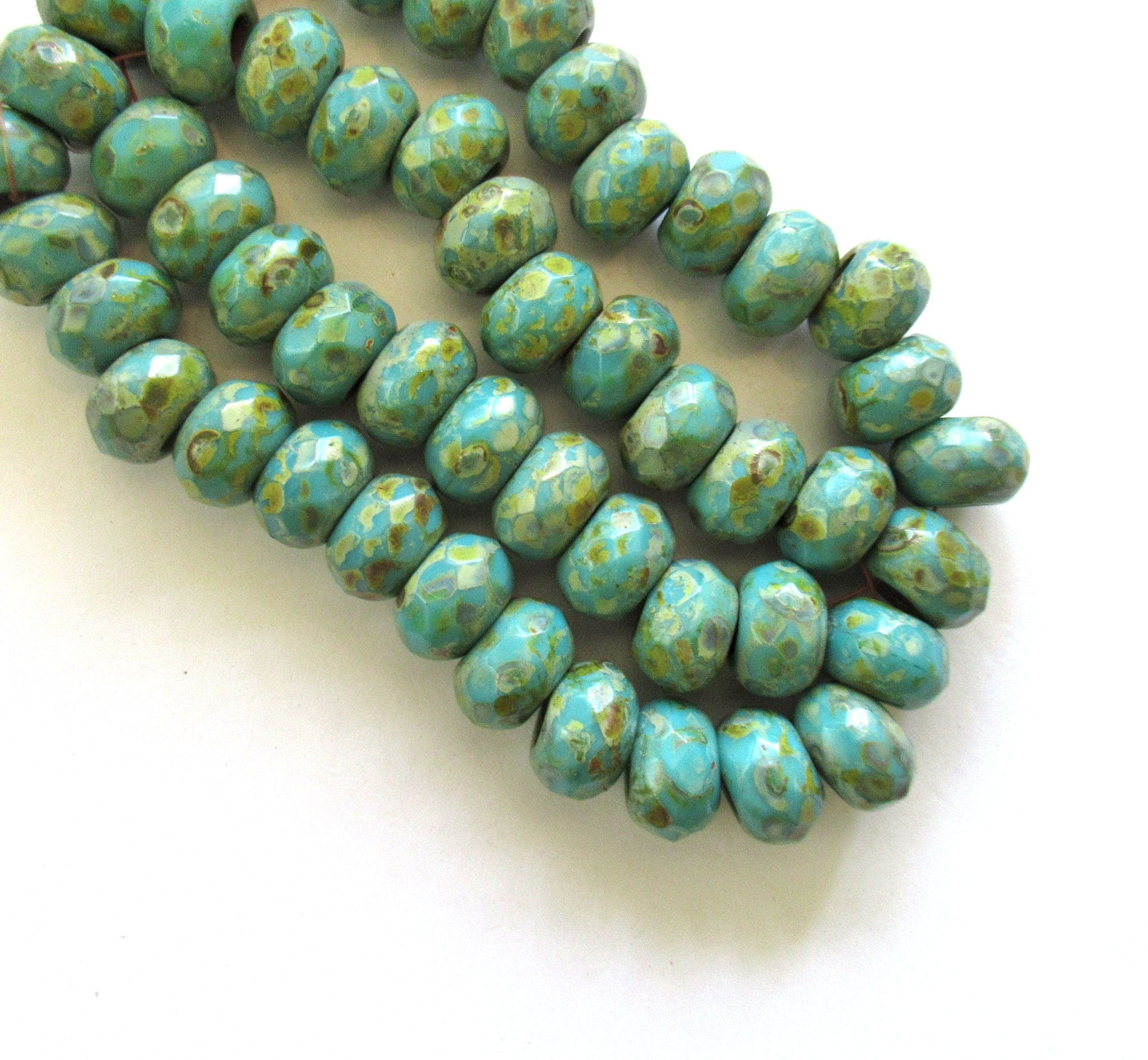 Five 12mm x 8mm Czech glass large faceted round roller, rondelle beads - opaque turquoise blue green picasso - big 5mm hole bead C00081