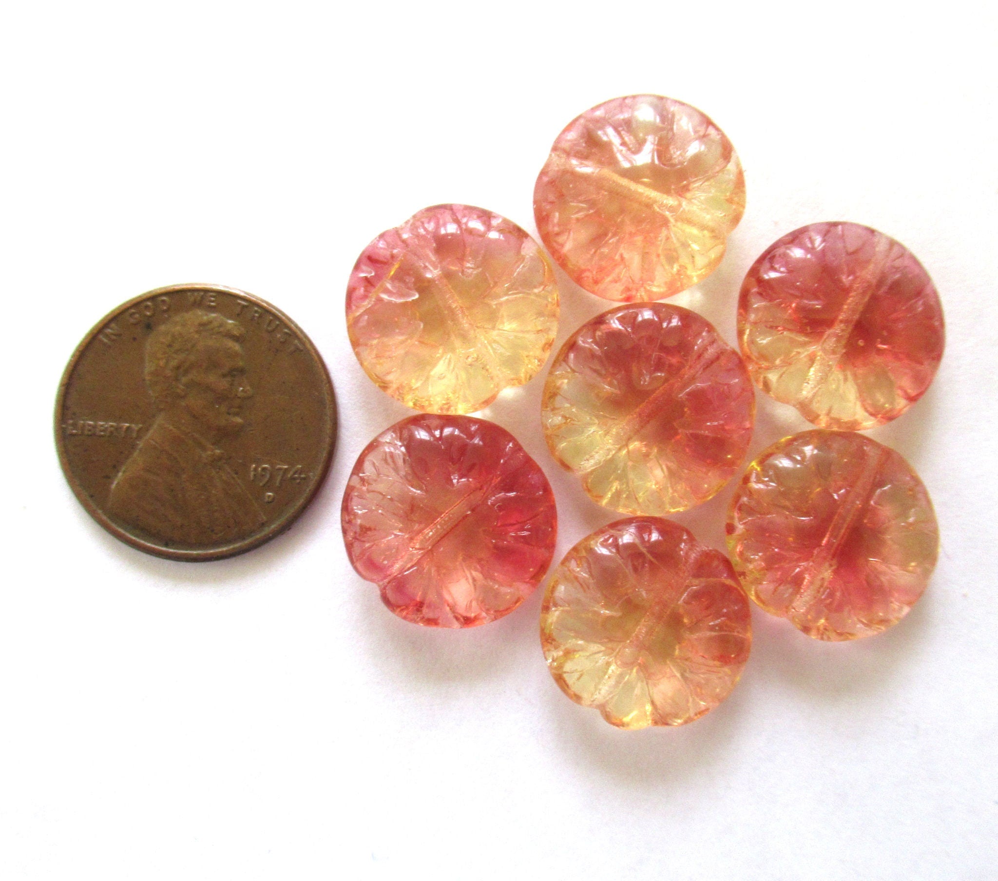 Five Czech glass Dahlia flower beads - 14mm transparent red and yellow beads - 0007