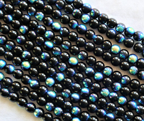 Lot of 50 Czech glass druks - 6mm Jet Black AB - smooth round druk beads,C8850 - Glorious Glass Beads