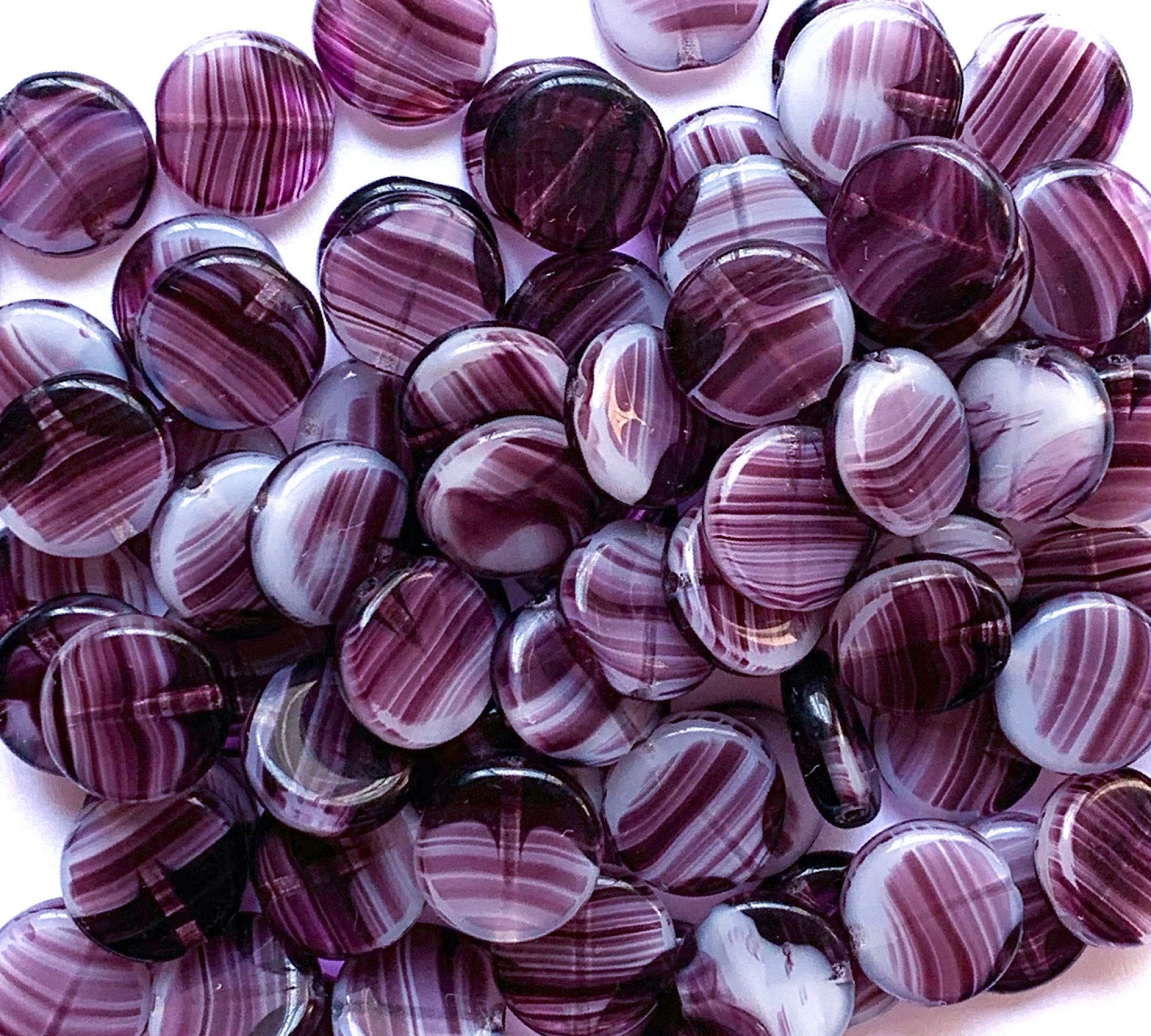 15 Czech glass coin beads - 10mm amethyst purple marbled, milky, striped disc beads C0057