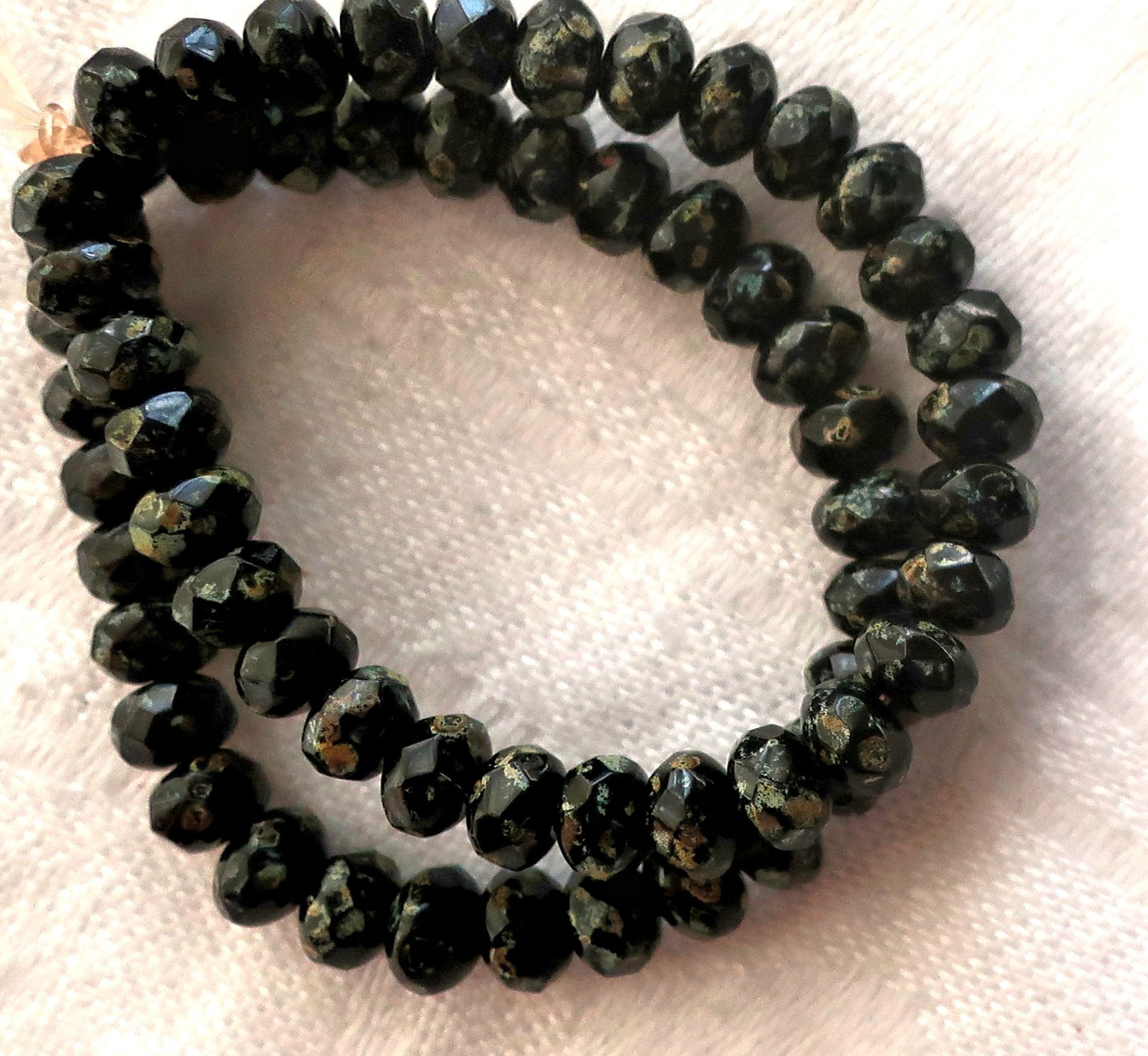 30 small Czech glass puffy rondelle beads - 3mm x 5mm - opaque jet black w/ a full picasso coat - faceted rondelles 5601 - Glorious Glass Beads