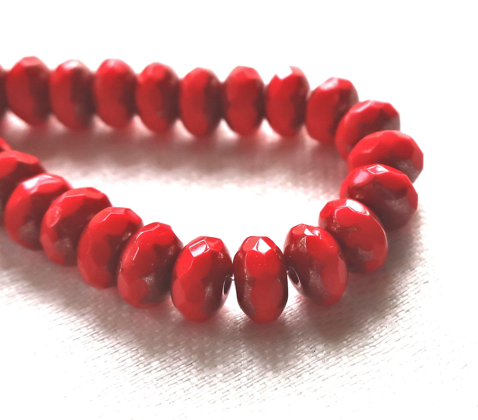 Lot of 25 Opaque Bright Red Picasso faceted puffy rondelle or donut beads, 5 x 7mm, Czech glass beads C16101 - Glorious Glass Beads