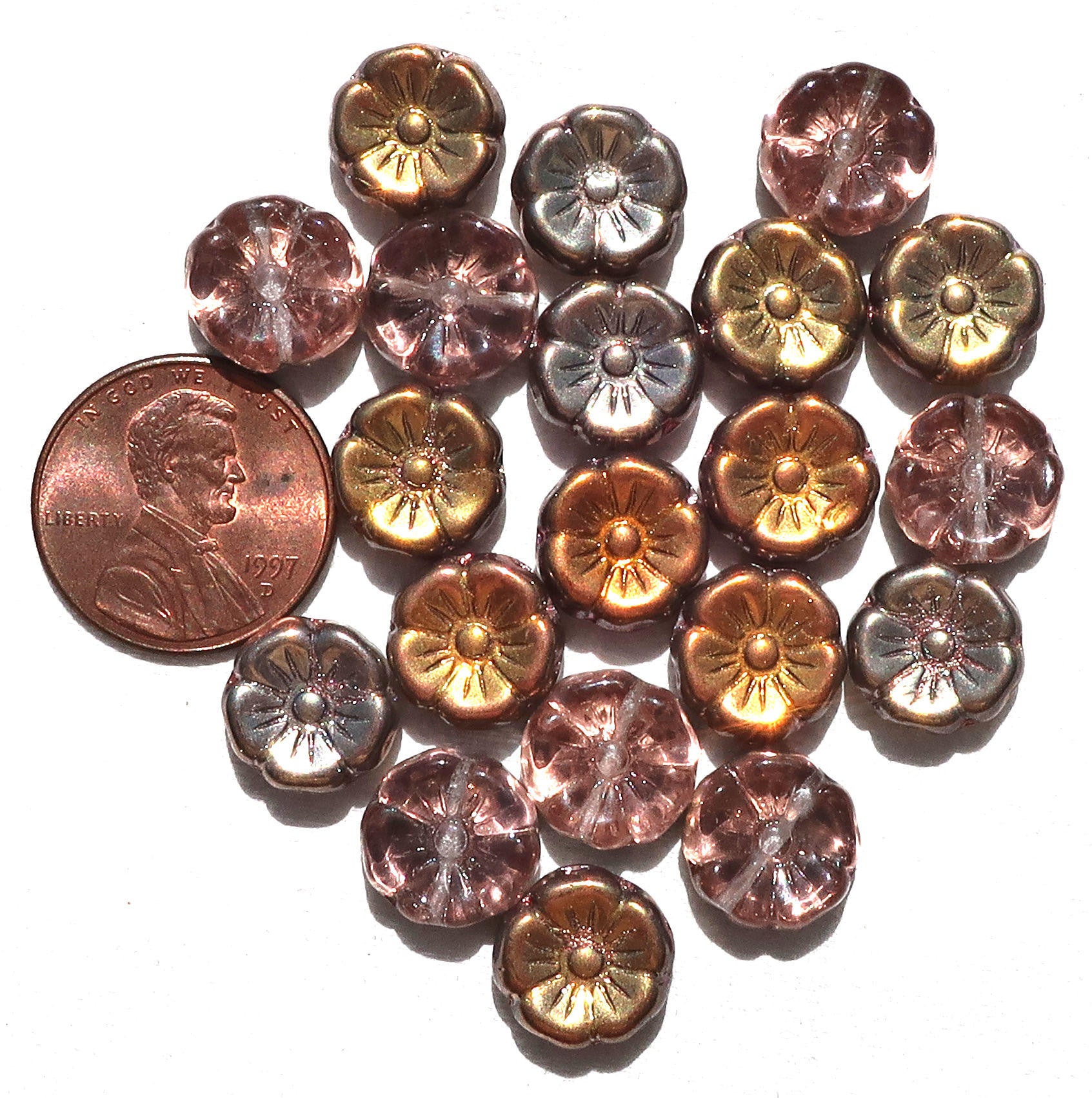 Lot of 20 12mm pink, apricot & taupe iridescent metallic Czech glass flower beads, pressed glass Hawaiian flowers, C06101 - Glorious Glass Beads