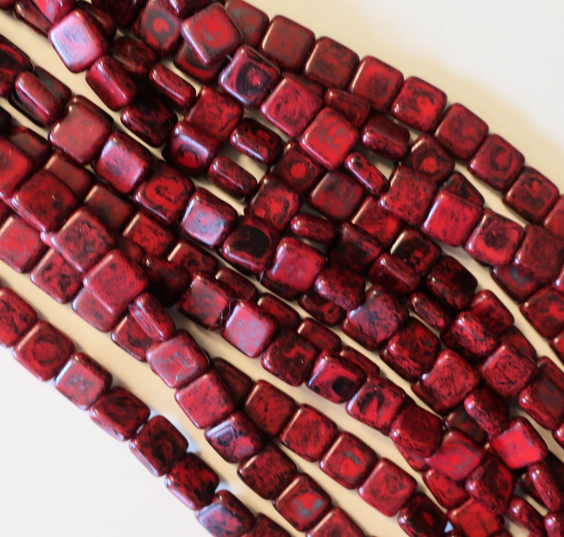 Lot of 25 9mm one hole flat square Czech glass beads - opaque red with a full coat black picasso finish - earthy rustic beads C5801 - Glorious Glass Beads