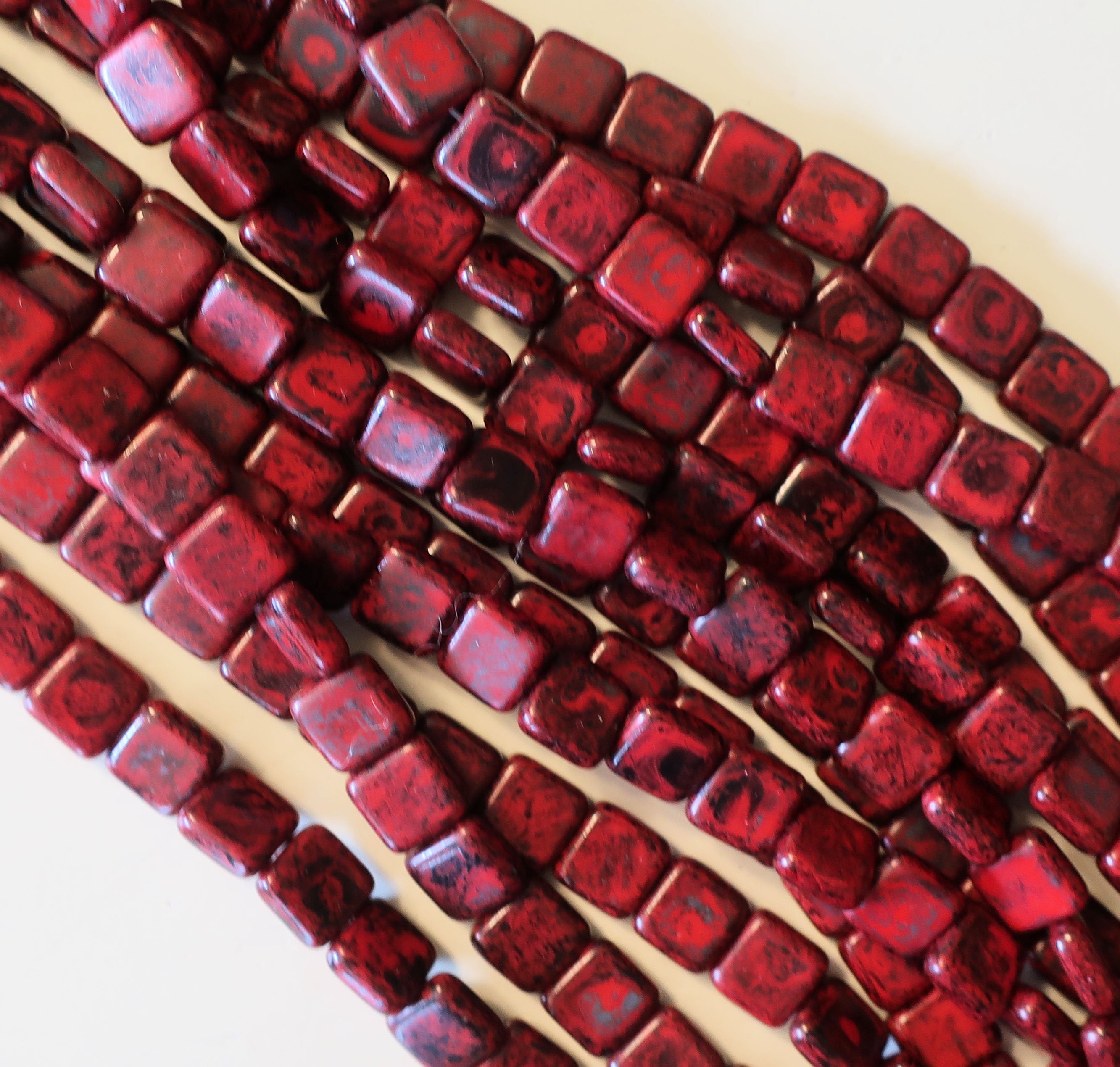 Lot of 25 9mm one hole flat square Czech glass beads - opaque red with a full coat black picasso finish - earthy rustic beads C5801 - Glorious Glass Beads