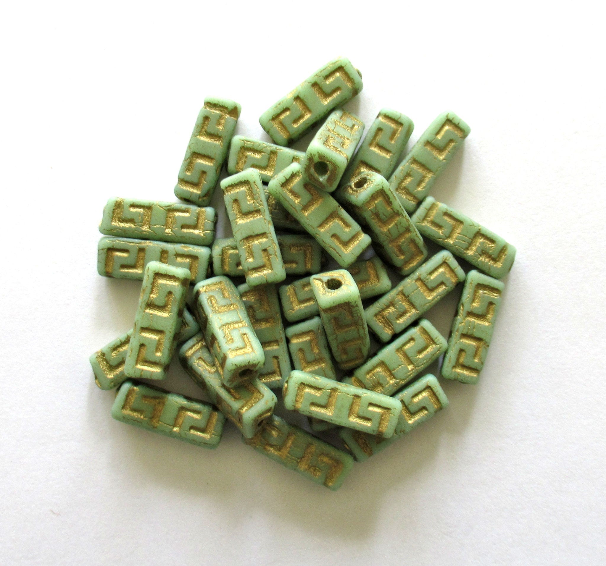 12 Czech glass beads - squared tube beads - Celtic block beads - green with a gold wash - 15 x 5mm C0058