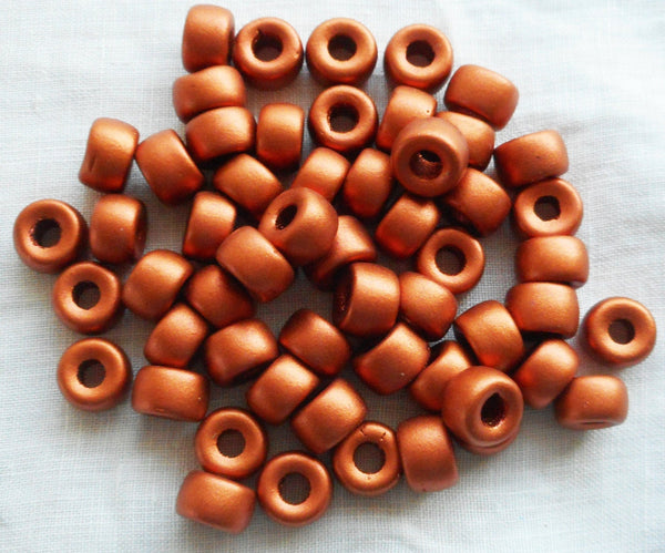 Lot of 25 9mm Czech Matte Metallic Copper glass pony roller beads, large hole crow beads, C6601