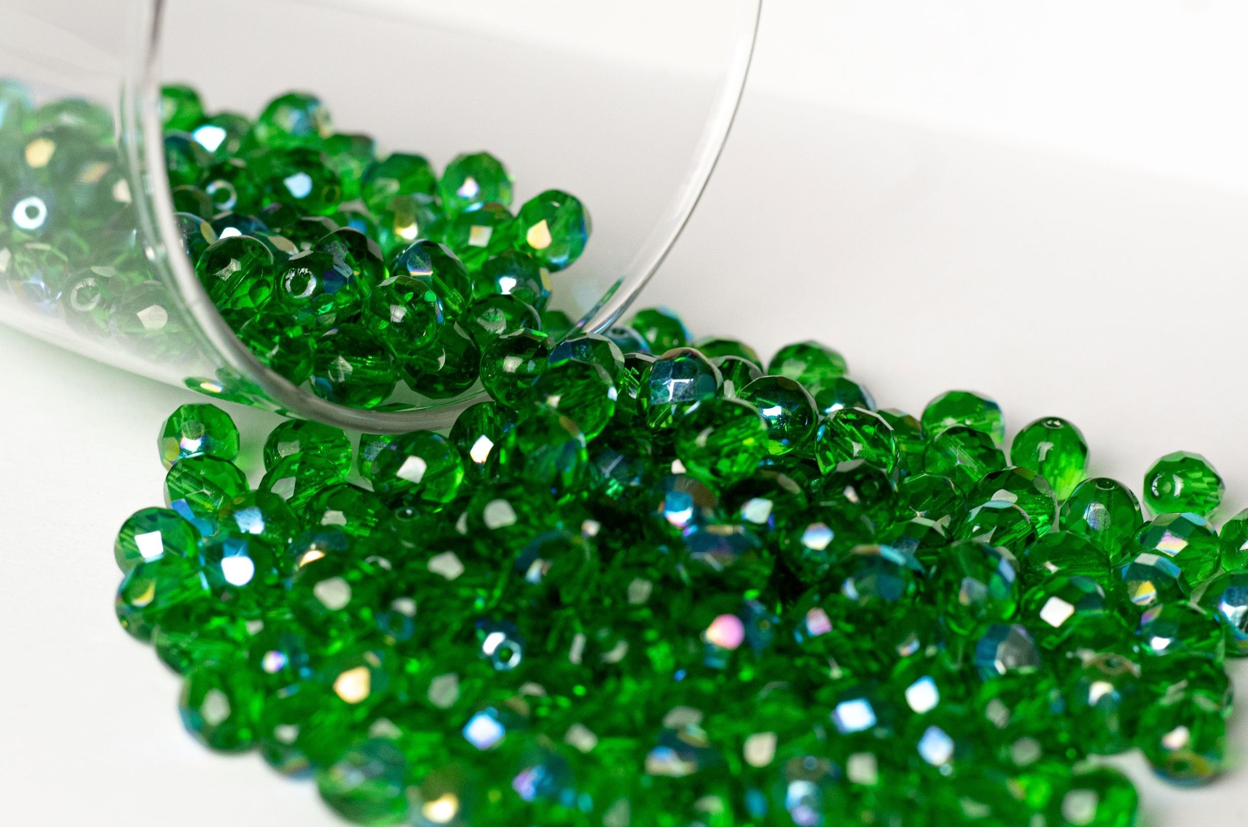 25 8mm Emerald Green AB faceted, round, fire polished glass beads C0056