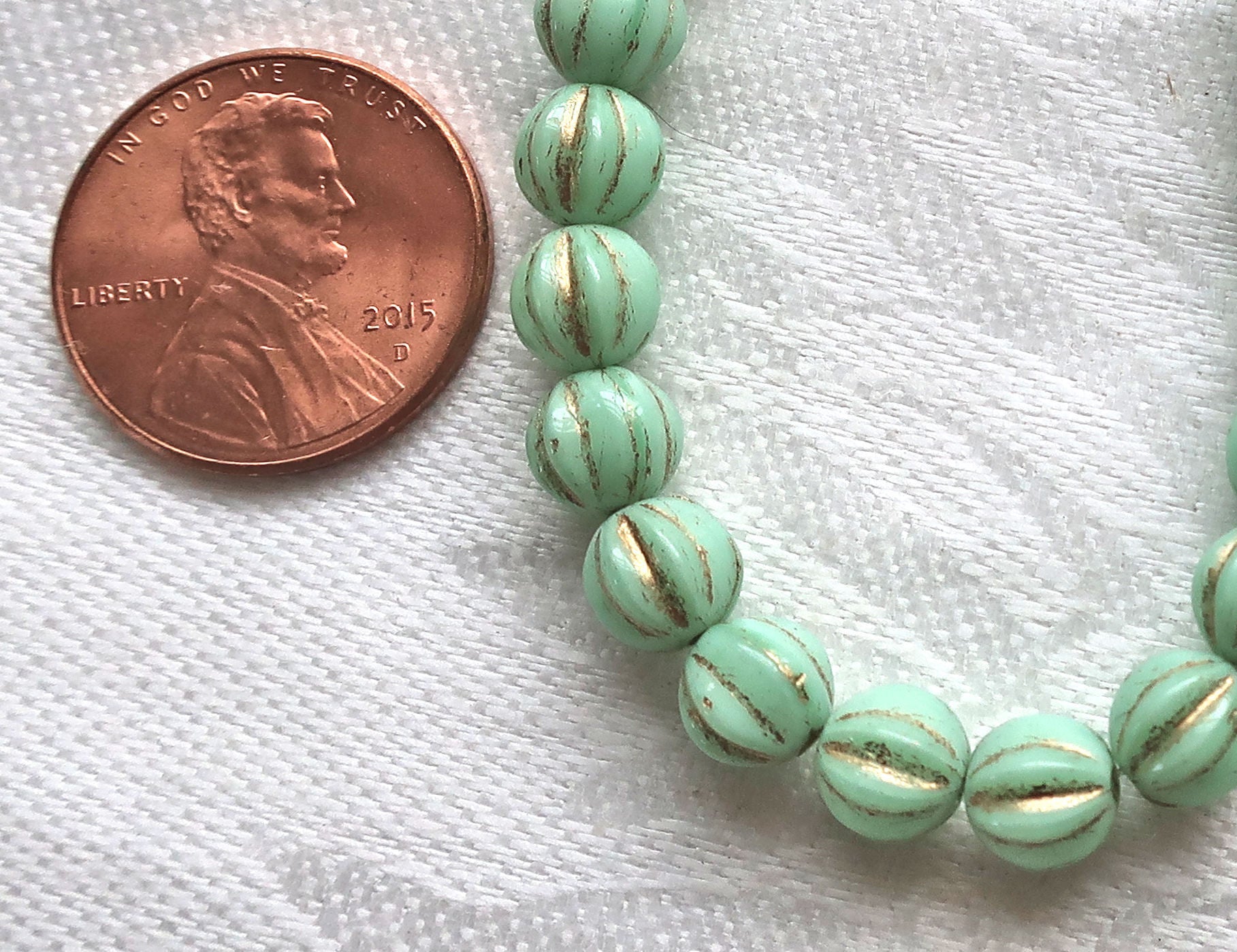 25 Czech glass melon beads, 6mm opaque mint green with gold accents, pressed striped beads C0901 - Glorious Glass Beads