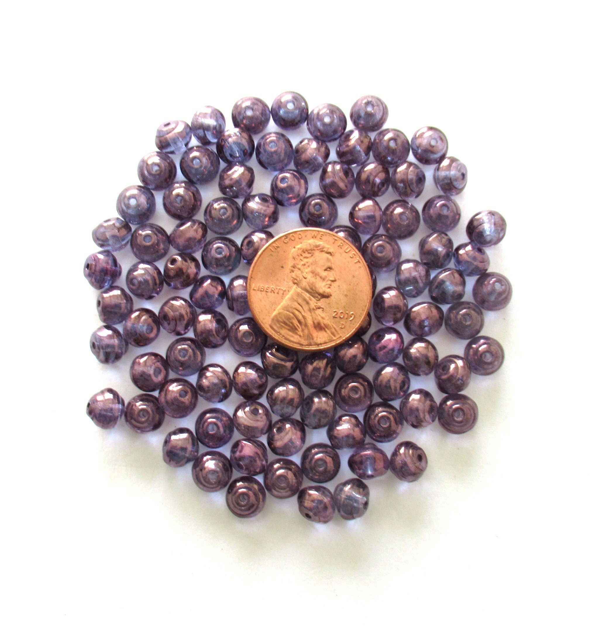25 6mm Czech glass snail beads - baroque round iridescent lumi amethyst / purple beads C0042