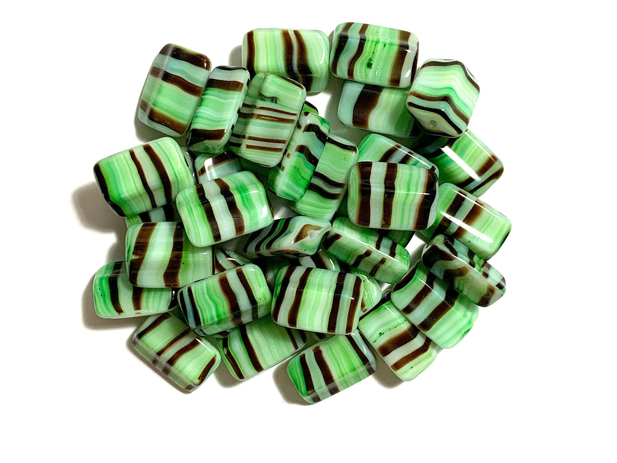 Six Czech glass rectangle beads - 16 x 12mm green, brown, and white striped - 4-sided diamond shaped large, chunky rectangle beads C0005