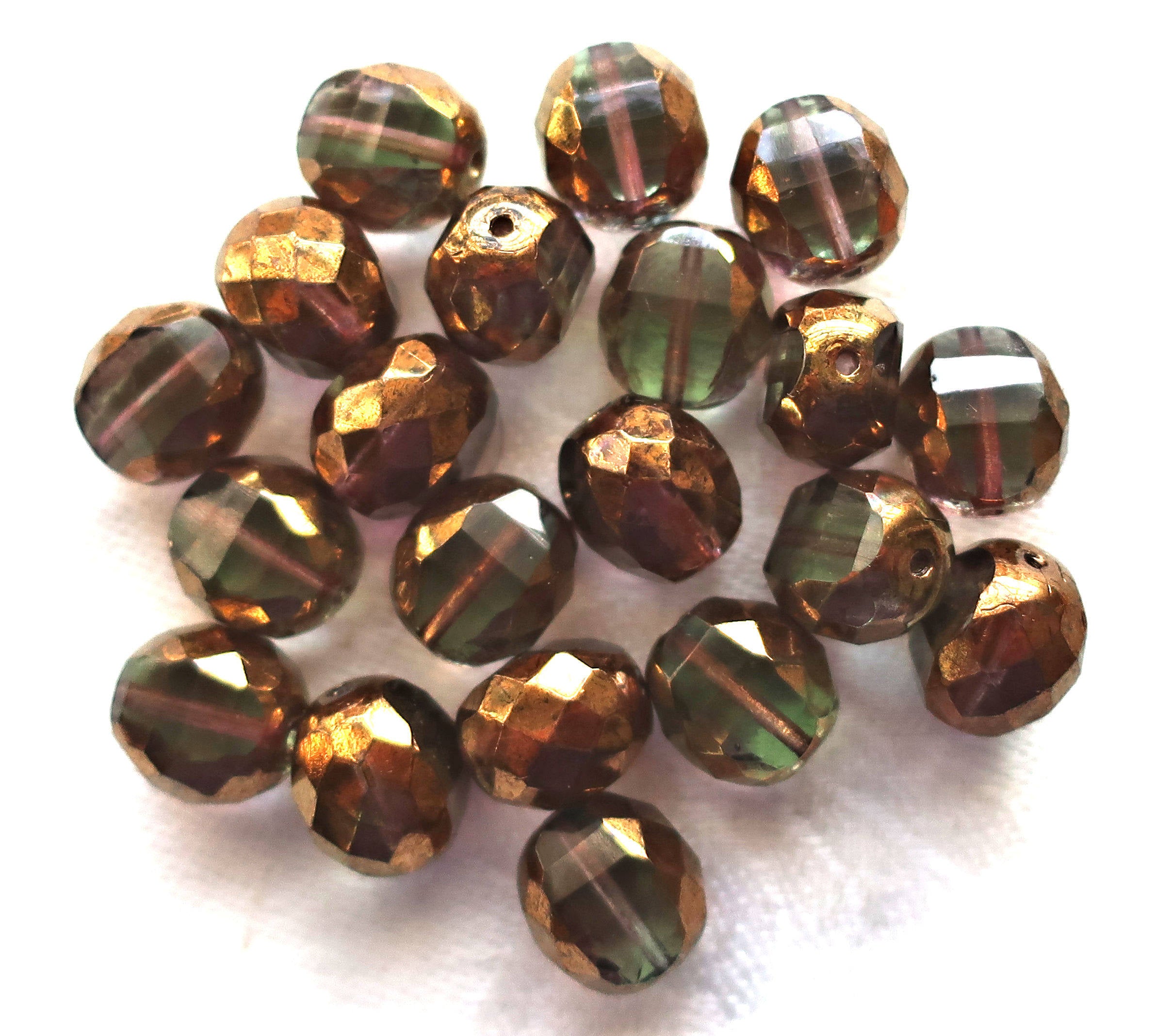 Five large chunky Olivine, Green & Purple, Czech glass beads, 12 x 13mm, firepolished, faceted, two way table cut, bronze finish C03301 - Glorious Glass Beads