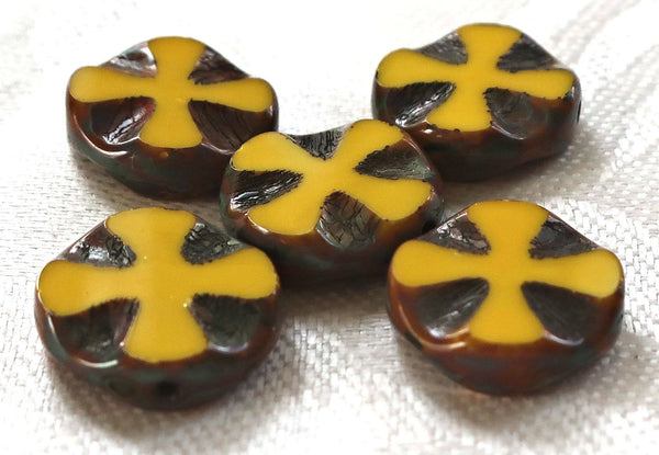 Five 14mm opaque bright yellow picasso, Czech glass, table-cut, carved, disc or coin beads, Celtic, Iron cross C0701 - Glorious Glass Beads