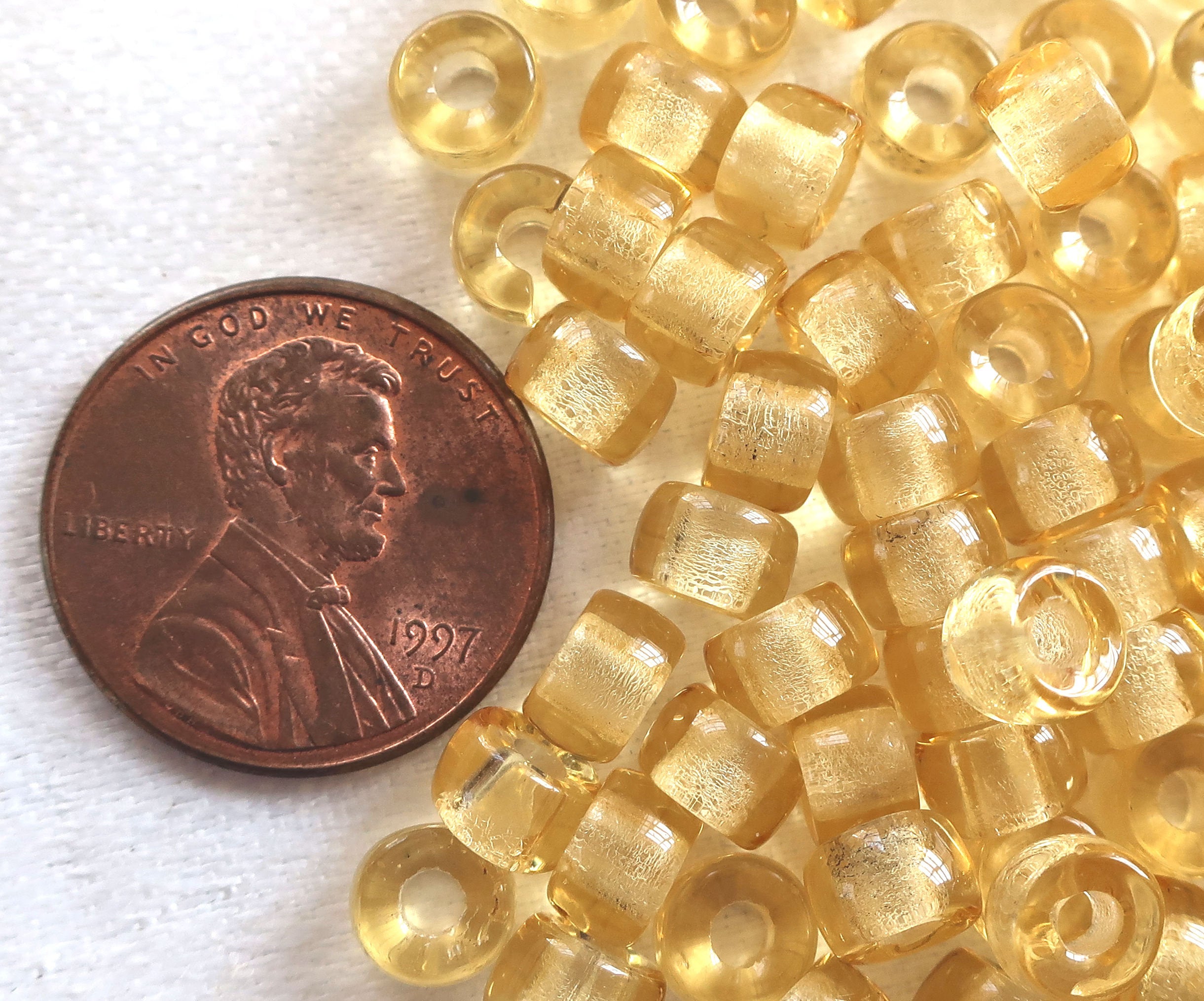 Lot of 50 6mm Czech light amber, honey colored glass pony roller beads, large hole crow beads, C1301 - Glorious Glass Beads