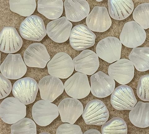 Twenty Czech glass seashell, fan or clam beads - 8mm frosted crystal AB shell beads - C0058