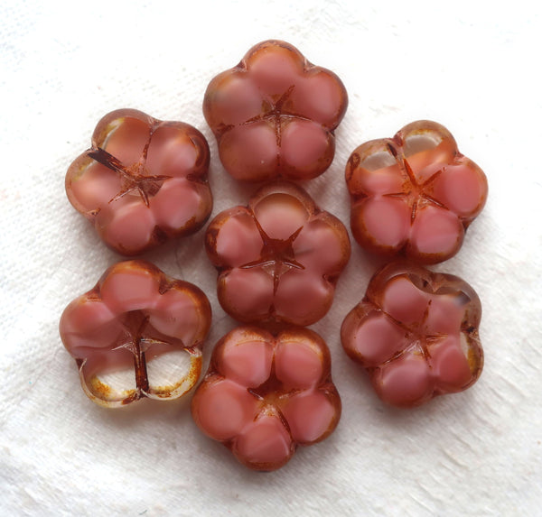 Five 16mm Czech glass flower beads, table cut, carved, marbles opaque pink with crystal picasso flowers, C26105