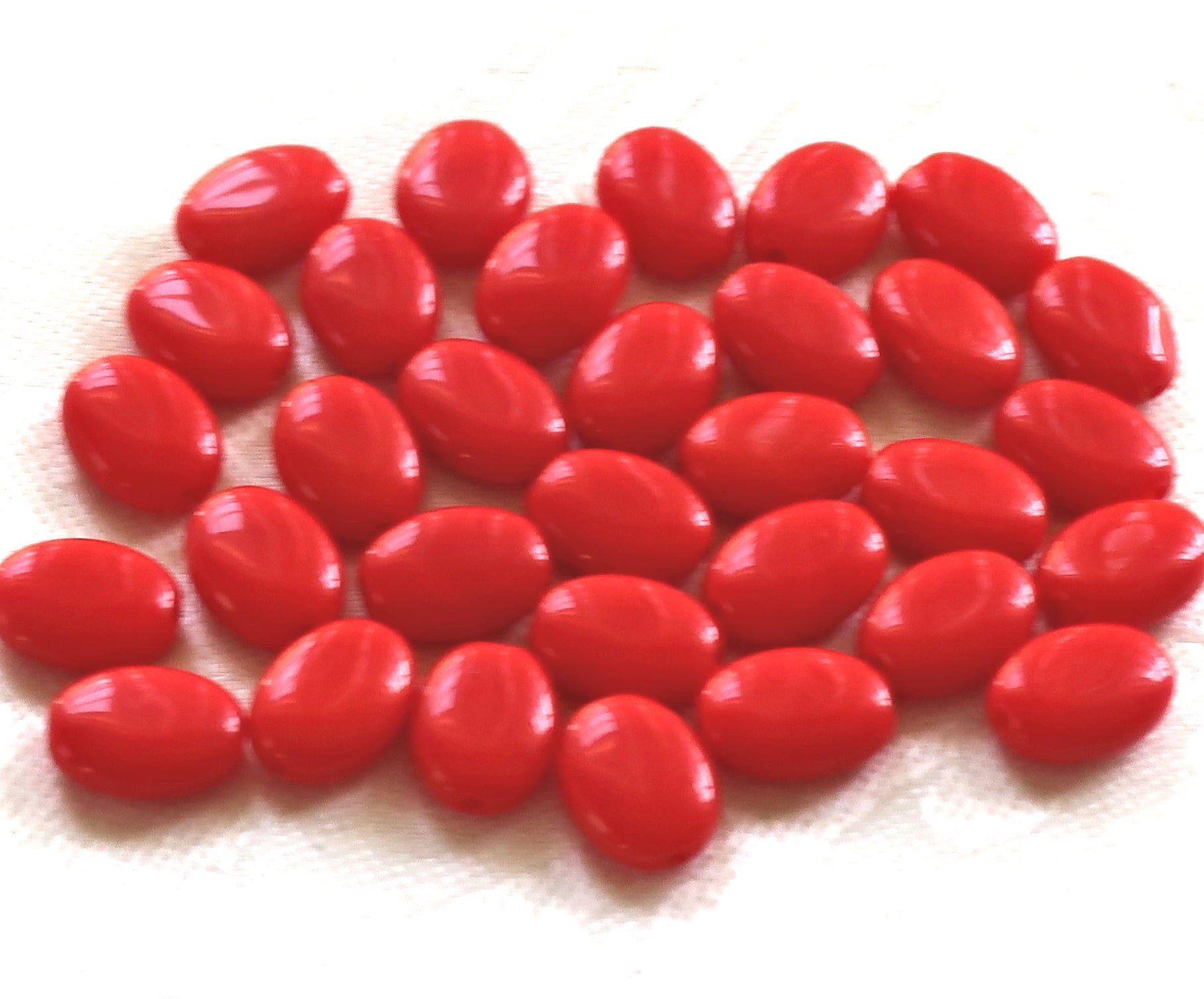25 opaque bright red flat oval Czech Glass beads, 12mm x 9mm pressed glass beads C8625 - Glorious Glass Beads