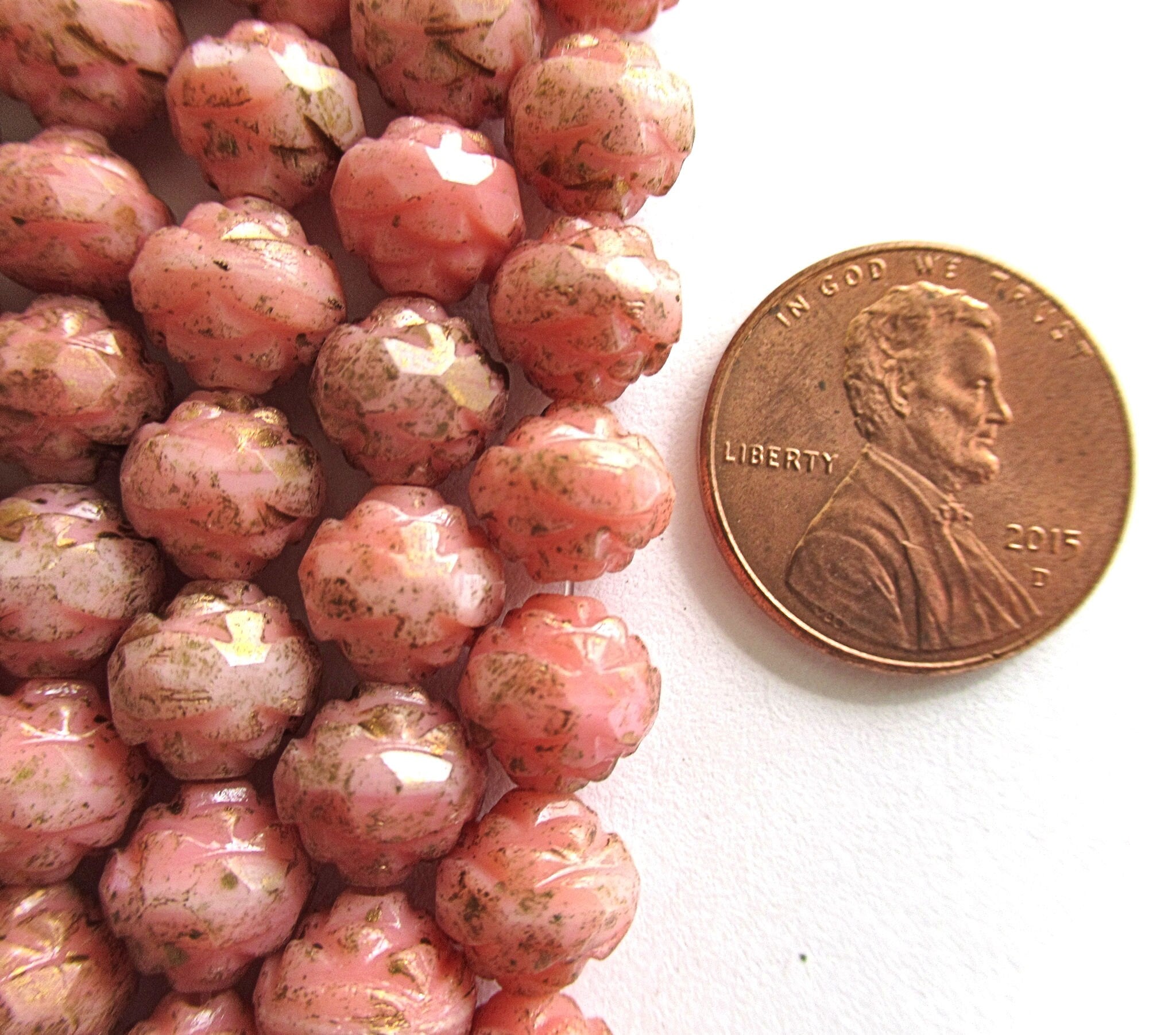 Twelve Czech glass rosebud beads - marbled pink beads with gold and picasso accents - 7 x 8mm faceted, fire polished antique cut - C00011