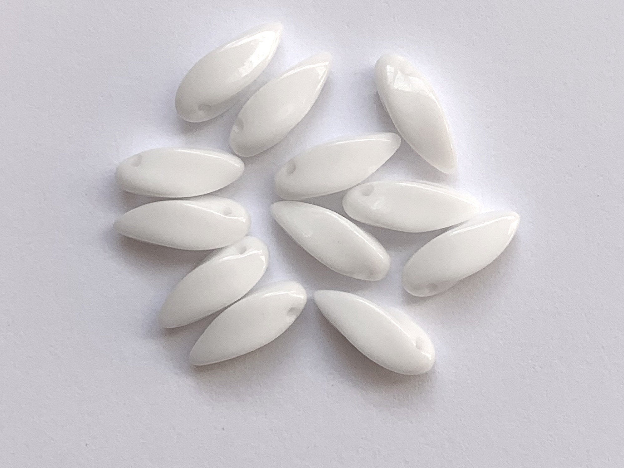 20 Czech glass twisted teardrop, petal or dagger beads - top drilled 6 x 12mm opaque white pressed glass beads C0201