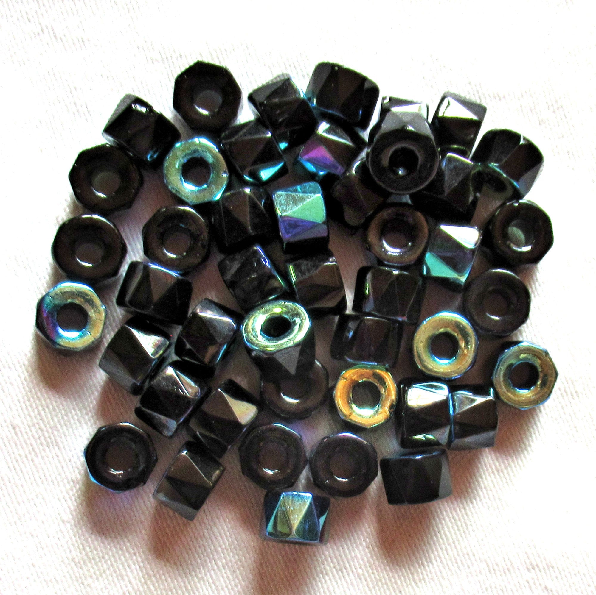 Lot of 25 9mm faceted Czech glass pony roller beads, - fire polished jet black AB large hole beads