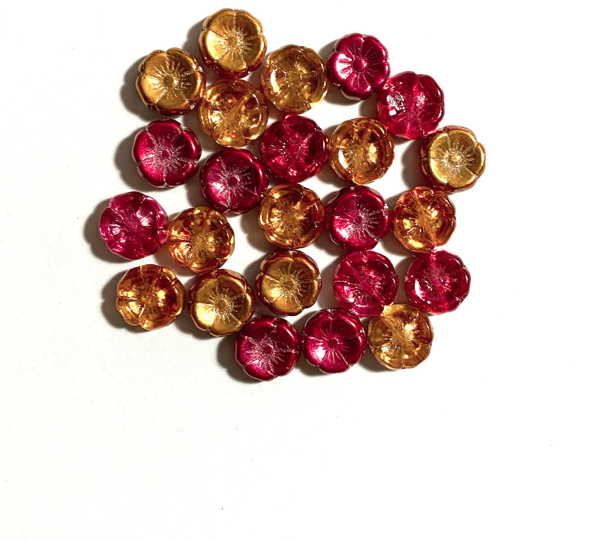 Ten 12mm Czech glass flower beads - gold, pink and orange AB pressed glass flowers - C0111