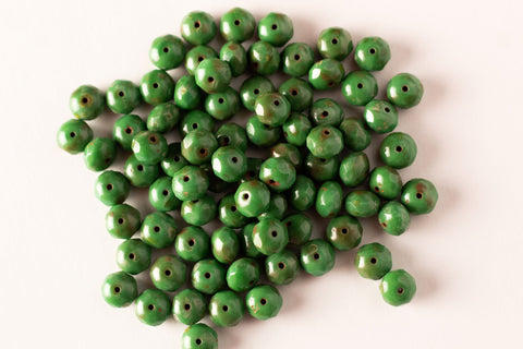 25 Czech glass faceted puffy rondelle beads - 6 x 8mm pea green luster C0251