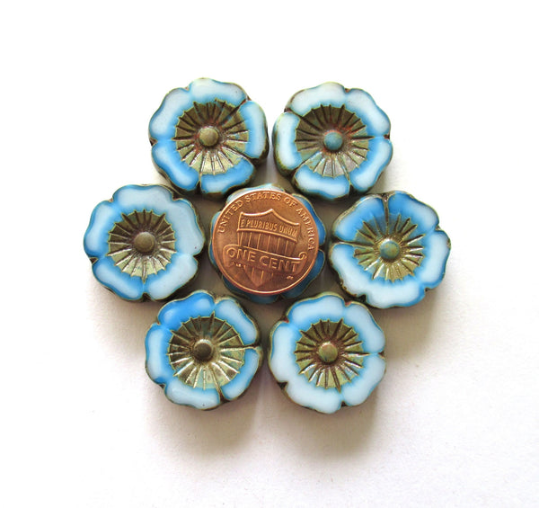 Two large 22mm Czech glass flower beads - Table cut carved marbled blue & white picasso beads - Hawaiian hibiscus focal flower beads - 00811