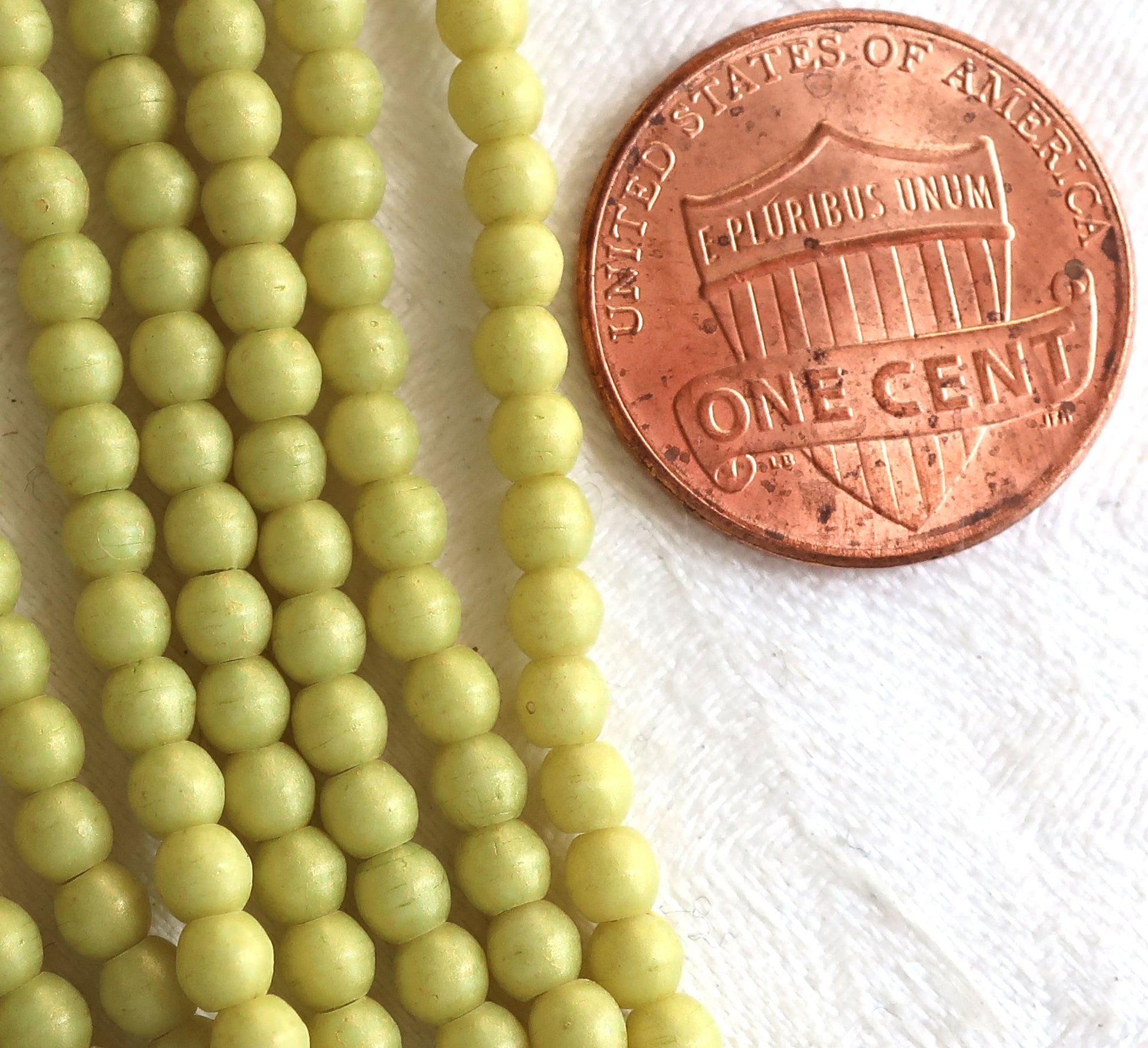 Lot of 100 3mm opaque light green Czech glass druks, Honeydew Pacifica smooth round druk beads C0701 - Glorious Glass Beads